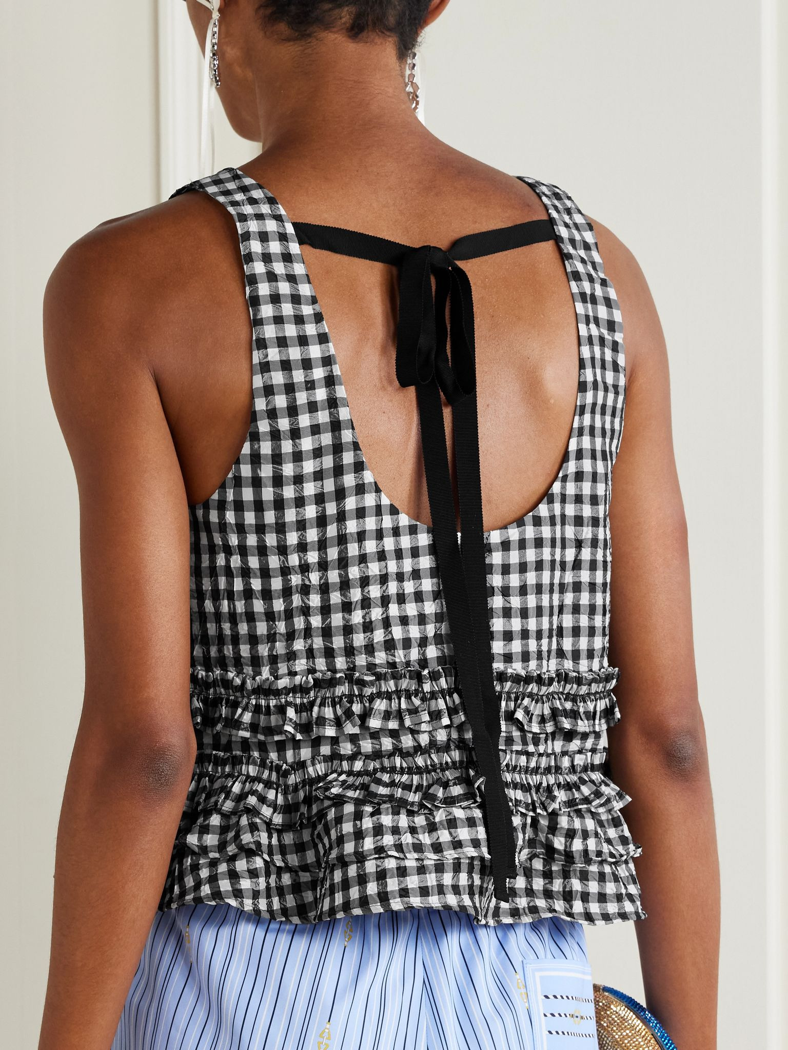 Grosgrain-trimmed ruffled gingham crinkled recycled-taffeta top Black - 3