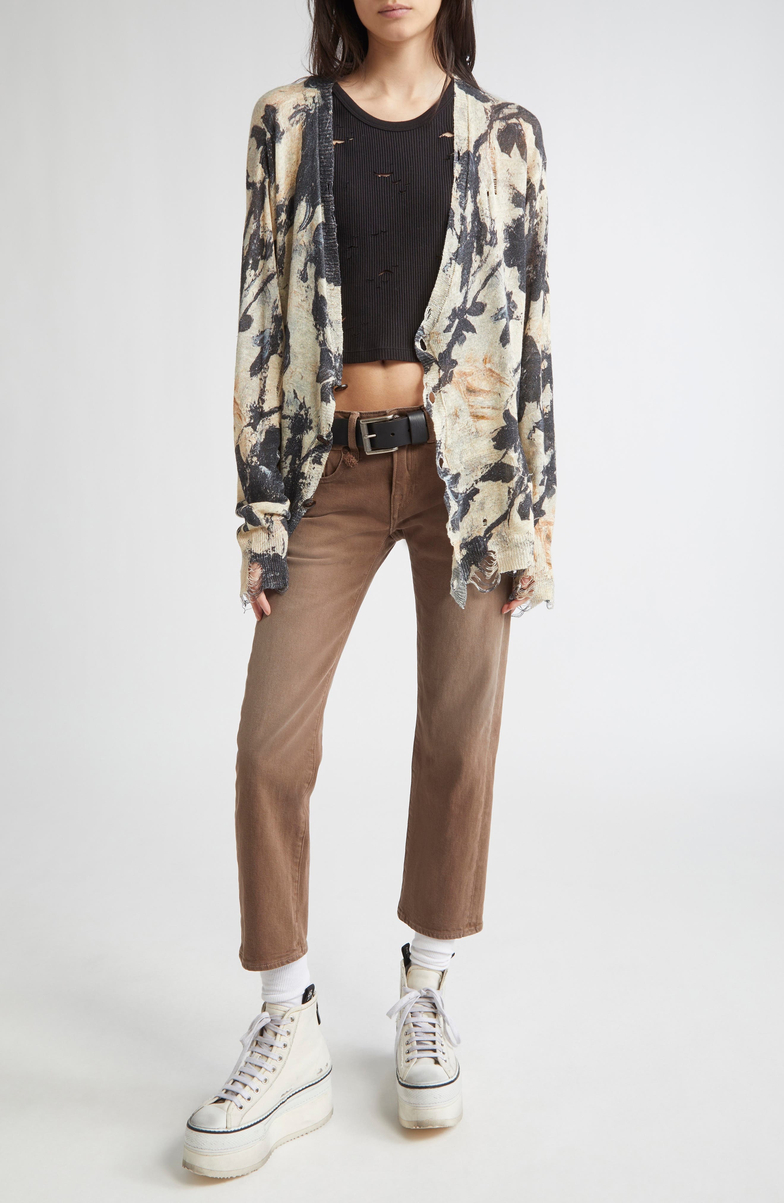R13 Ripped Floral Linen Cardigan in Black And Cream Floral at Nordstrom - 2