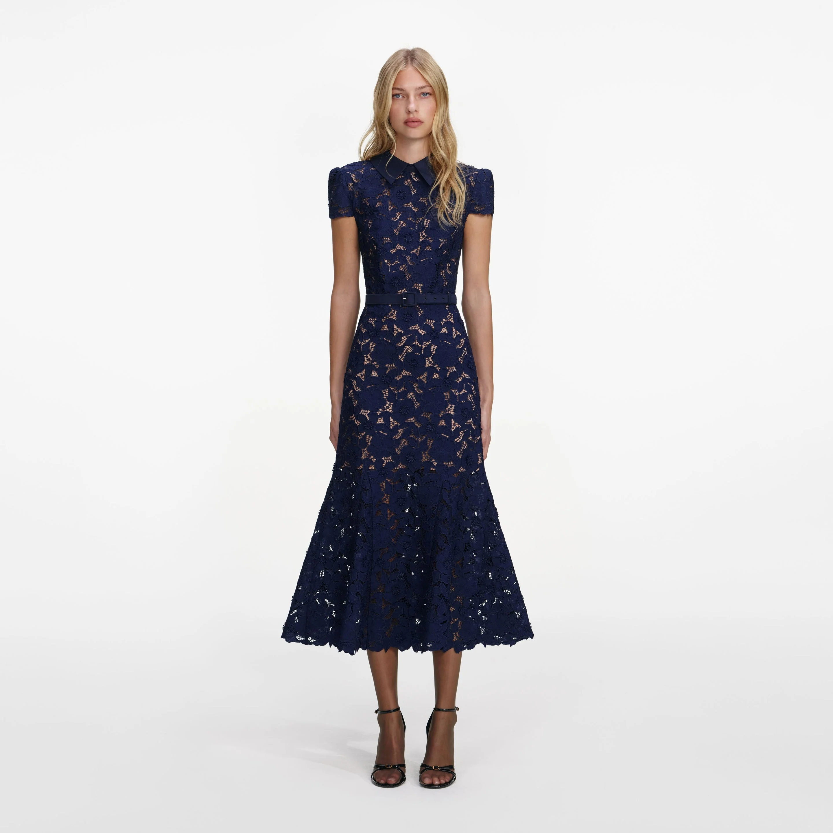 Navy Guipure Lace Midi Dress - 1