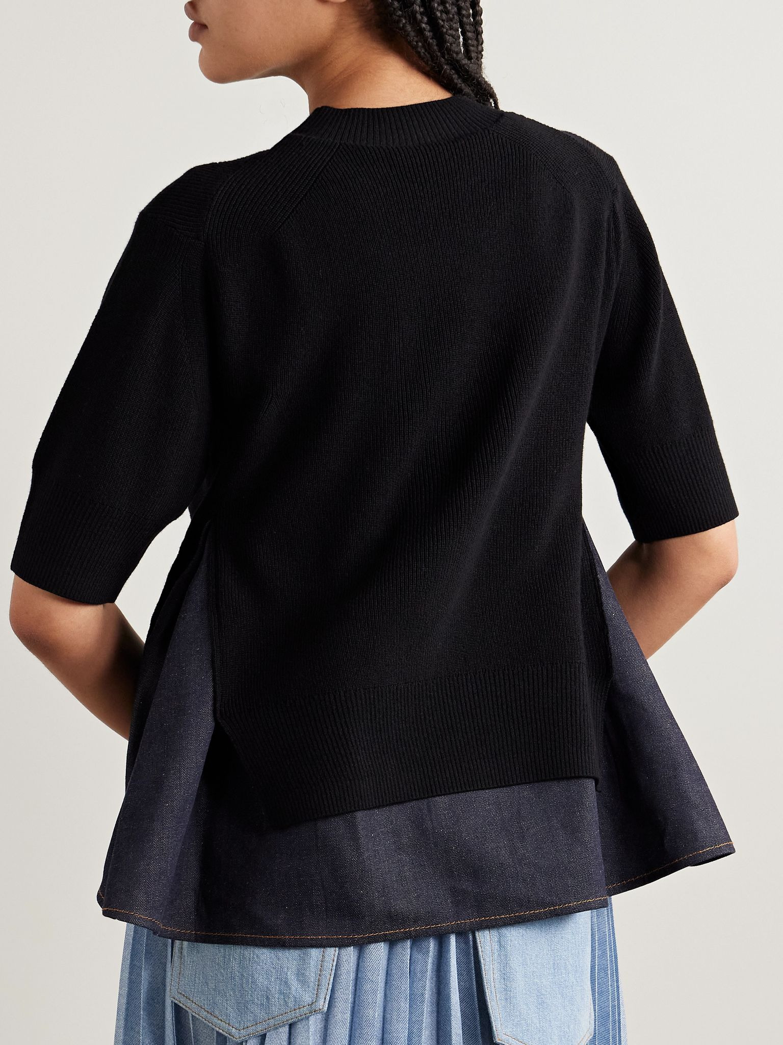 Paneled ribbed-knit and denim top Black - 3