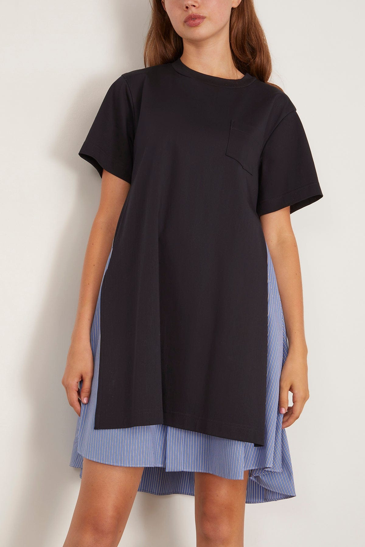 Poplin x Cotton Jersey Dress in Navy/Blue Stripe - 3