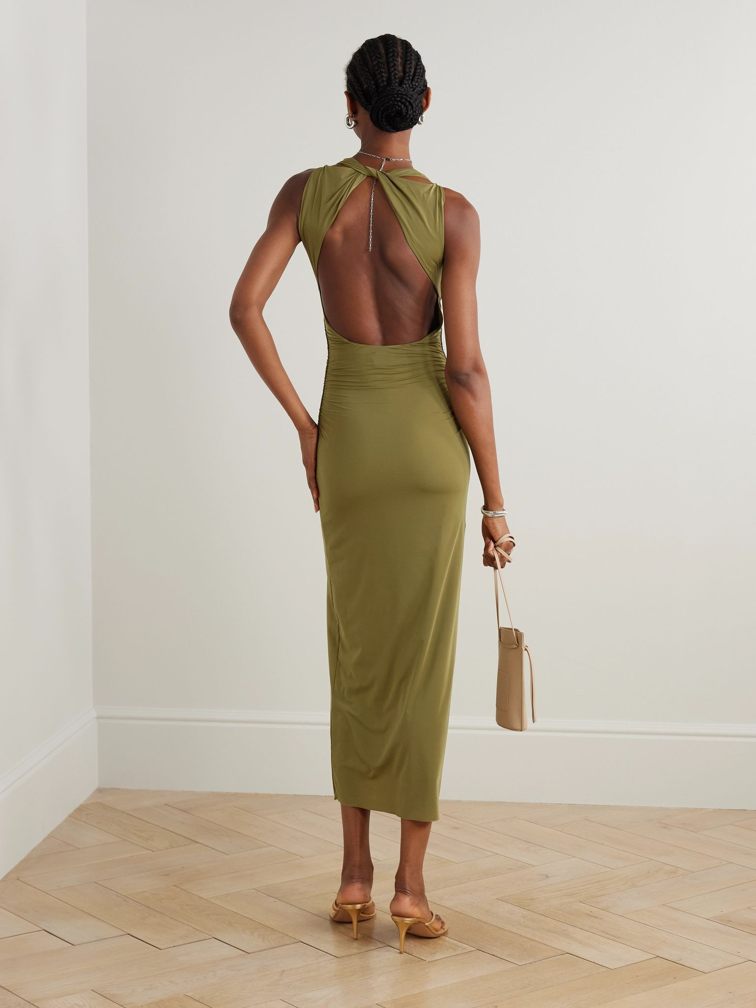 Cascina open-back gathered stretch-jersey midi dress Green - 2