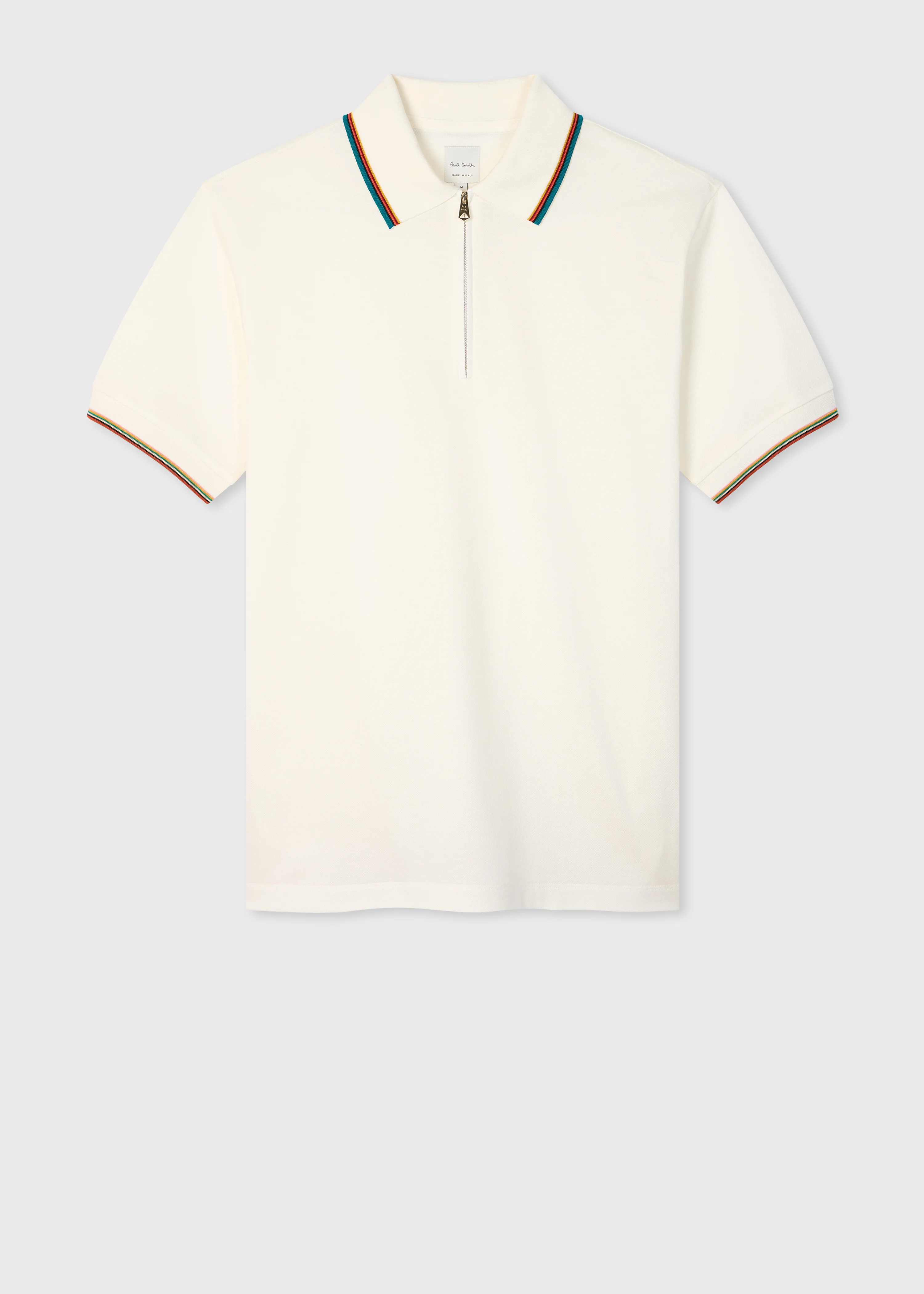 White Cotton 'Signature Stripe' Trim Zip Polo Shirt - 1