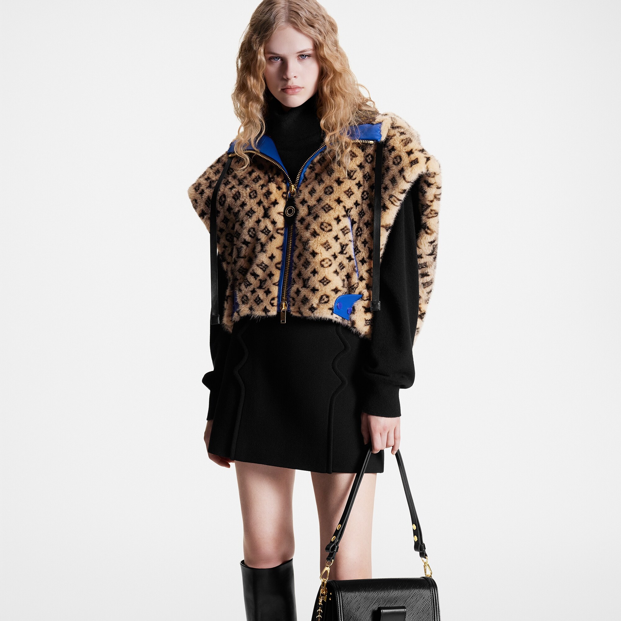 Leather Trim Monogram Mink Open-Arm Jacket - 5