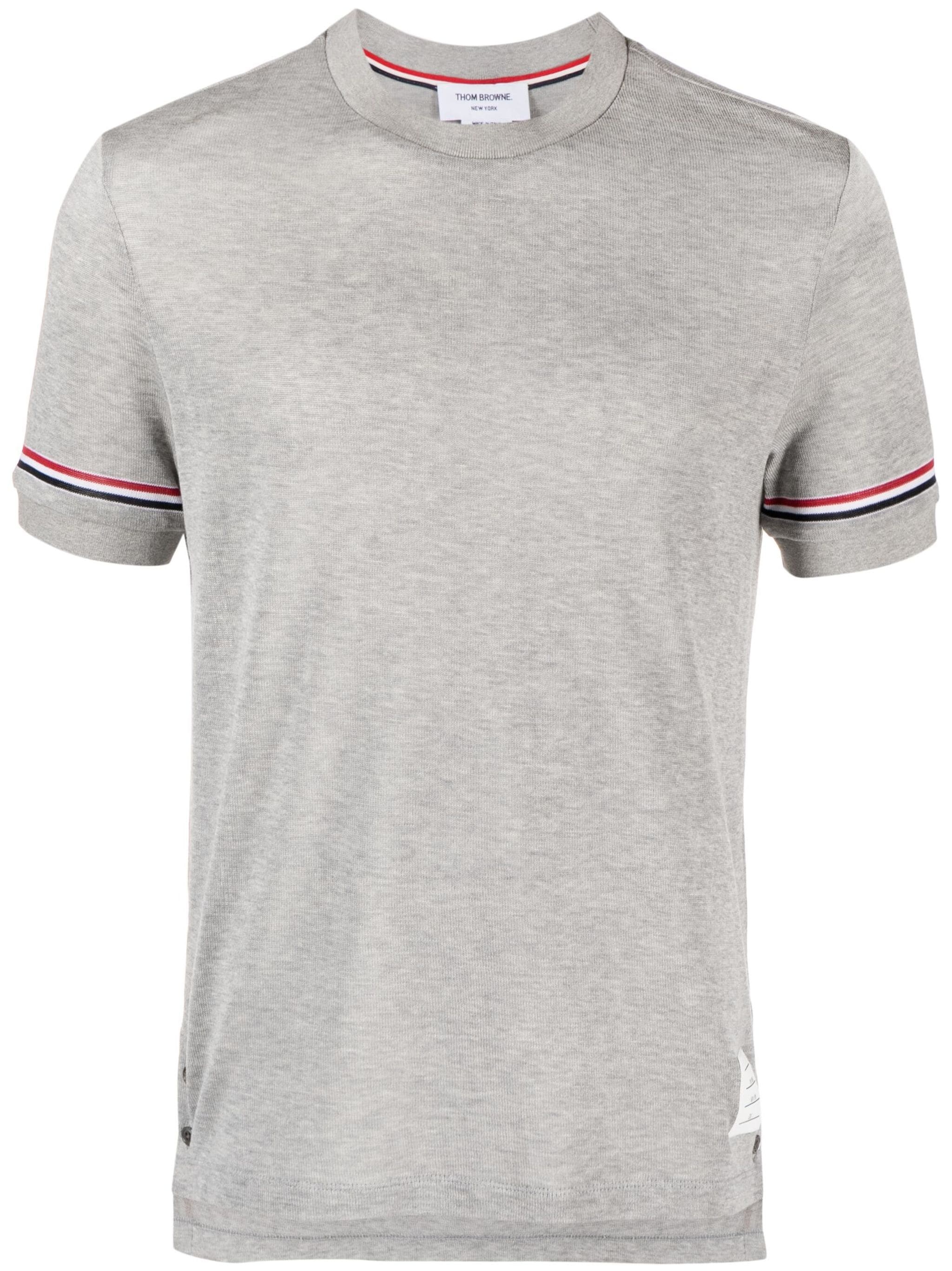 THOM BROWNE Men Short Sleeve Rib Cuff Tee In Light Weight Cotton Knit W/ RWB Stripe - 1