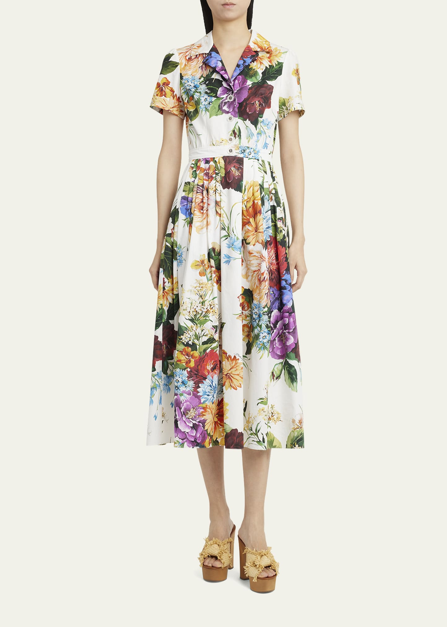 Bouquet Floral Poplin Short-Sleeve Midi Shirtdress - 2