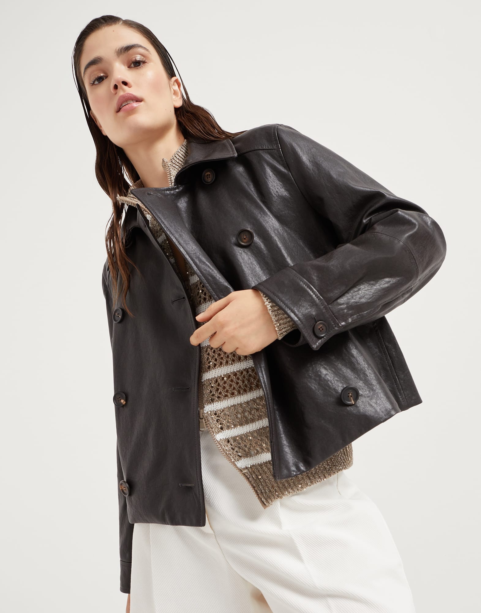 Polished leather cropped pea coat with monili - 4