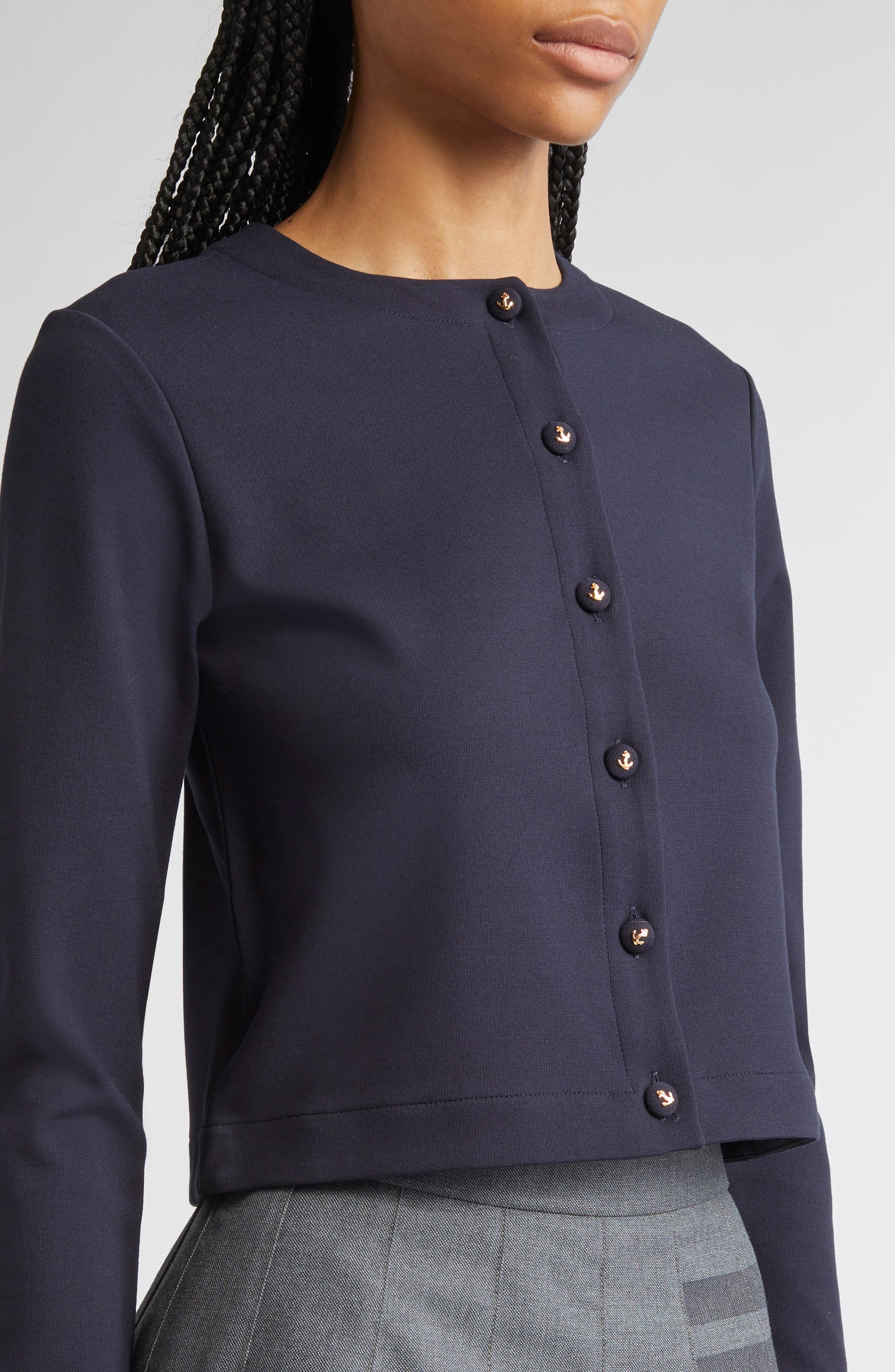 Thom Browne Crewneck Cardigan with Anchor Embossed Buttons in Navy at Nordstrom - 5