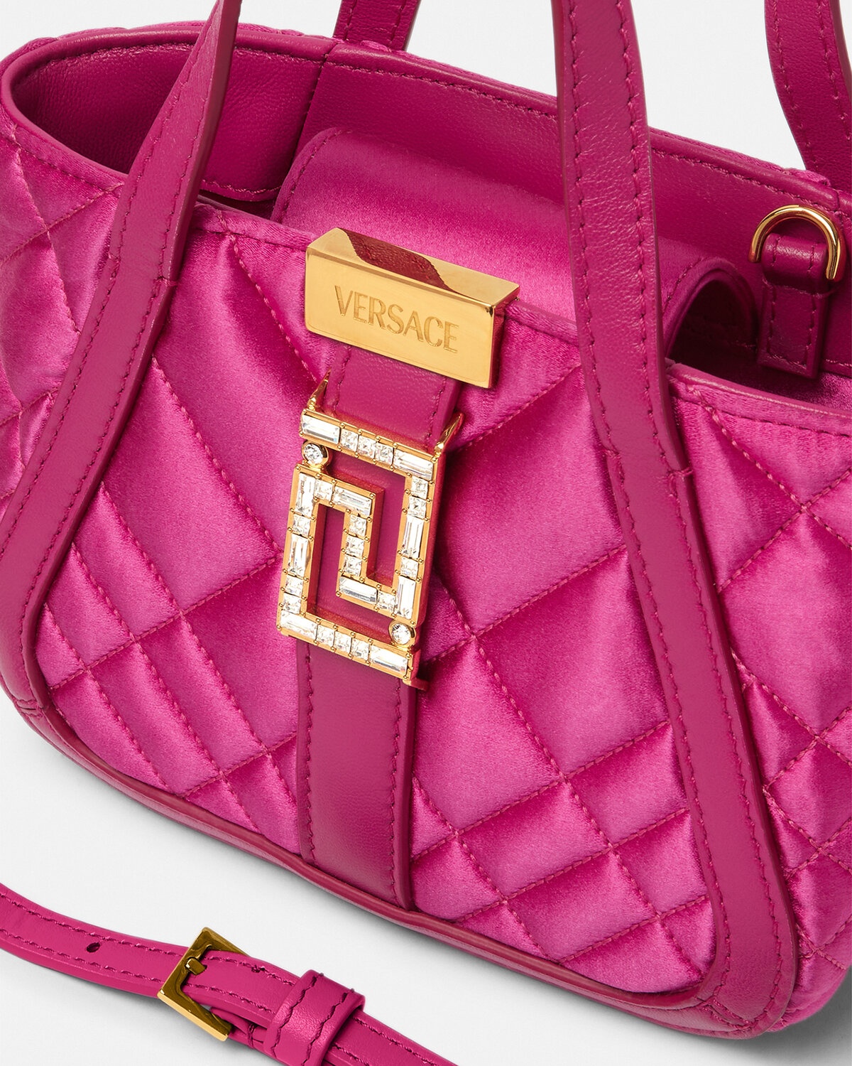 VERSACE Greca Goddess mini embellished leather-trimmed quilted satin  shoulder bag