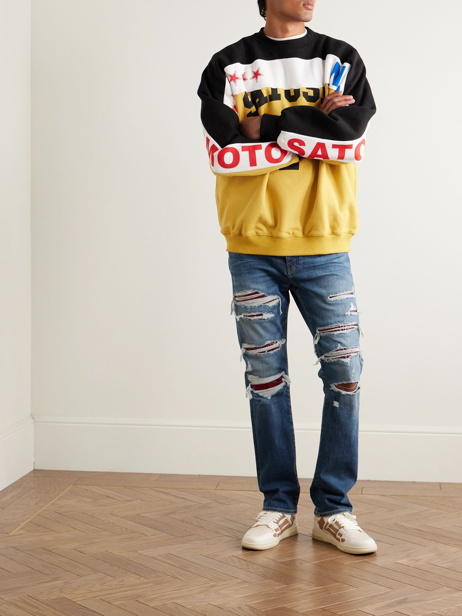 Thrasher Slim-Fit Distressed Croc-Effect Leather-Trimmed Panelled Jeans Blue - 2