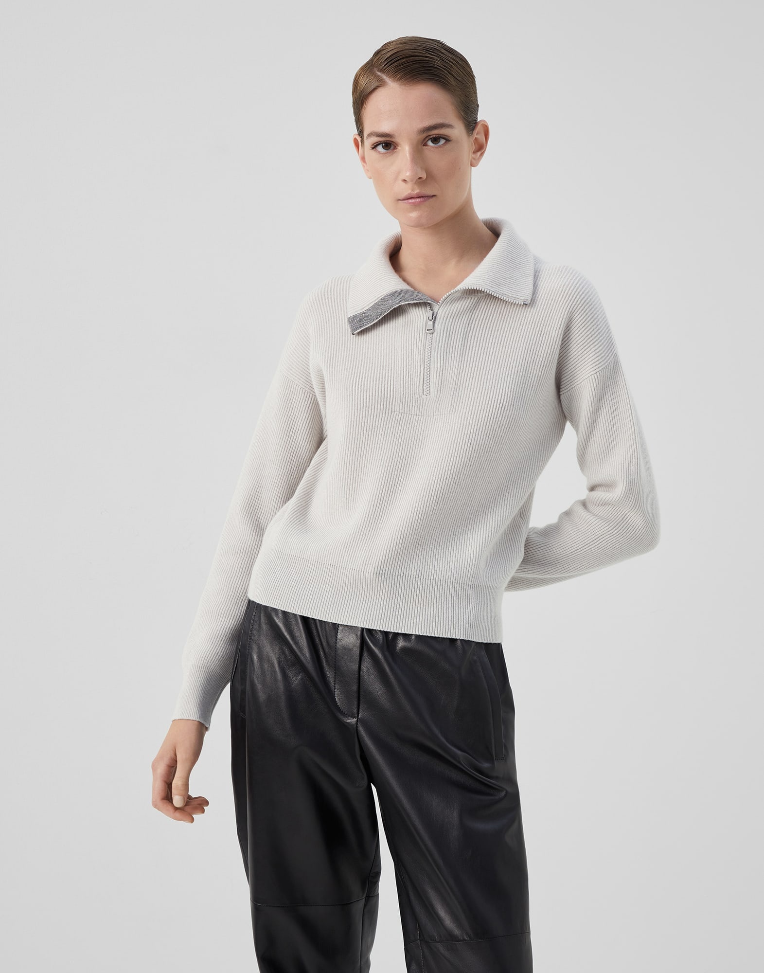 Cashmere English rib sweater with precious trim - 1