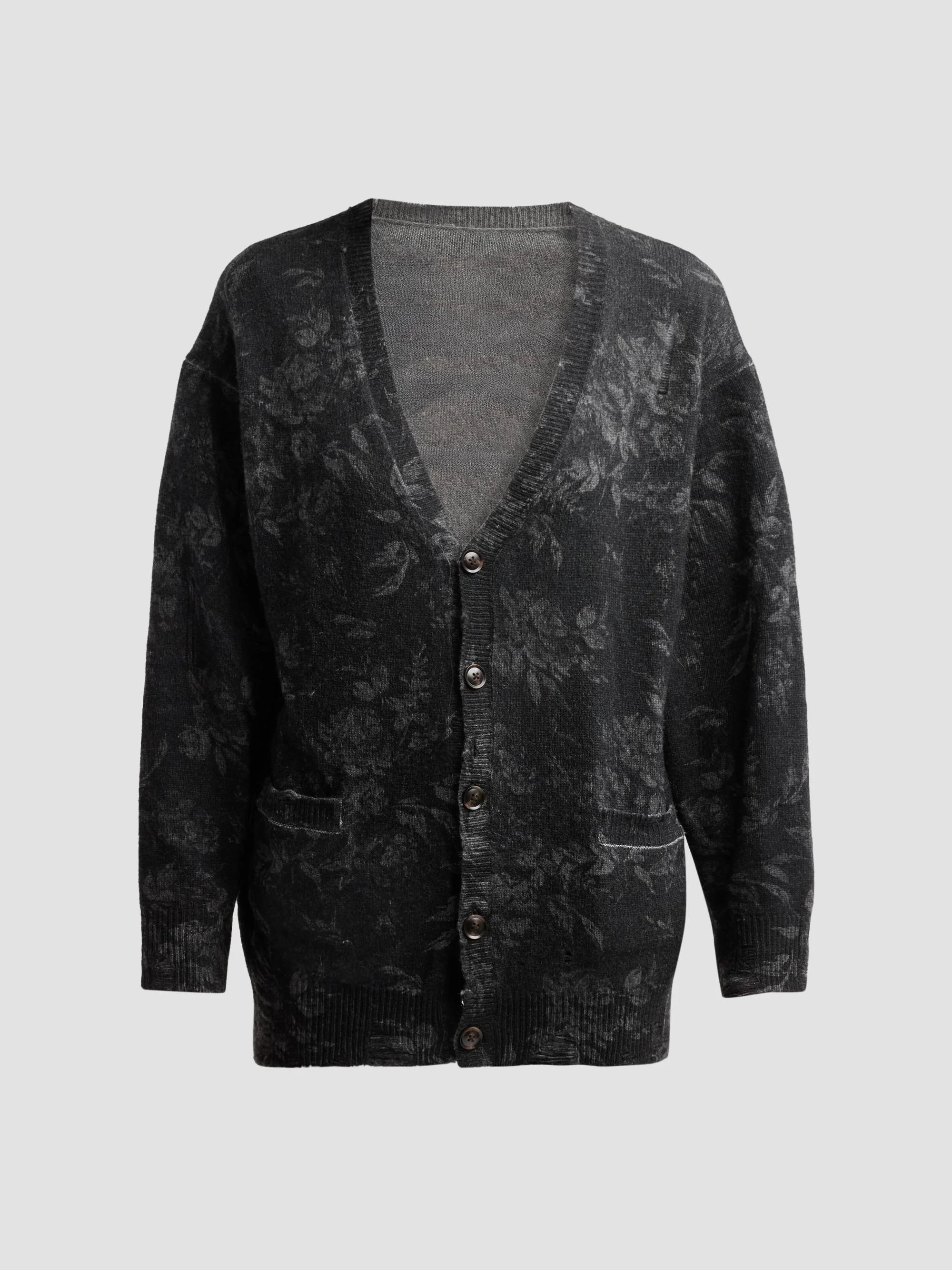 Women's Floral Wool Boyfriend Cardigan - Black Grey Floral - 1