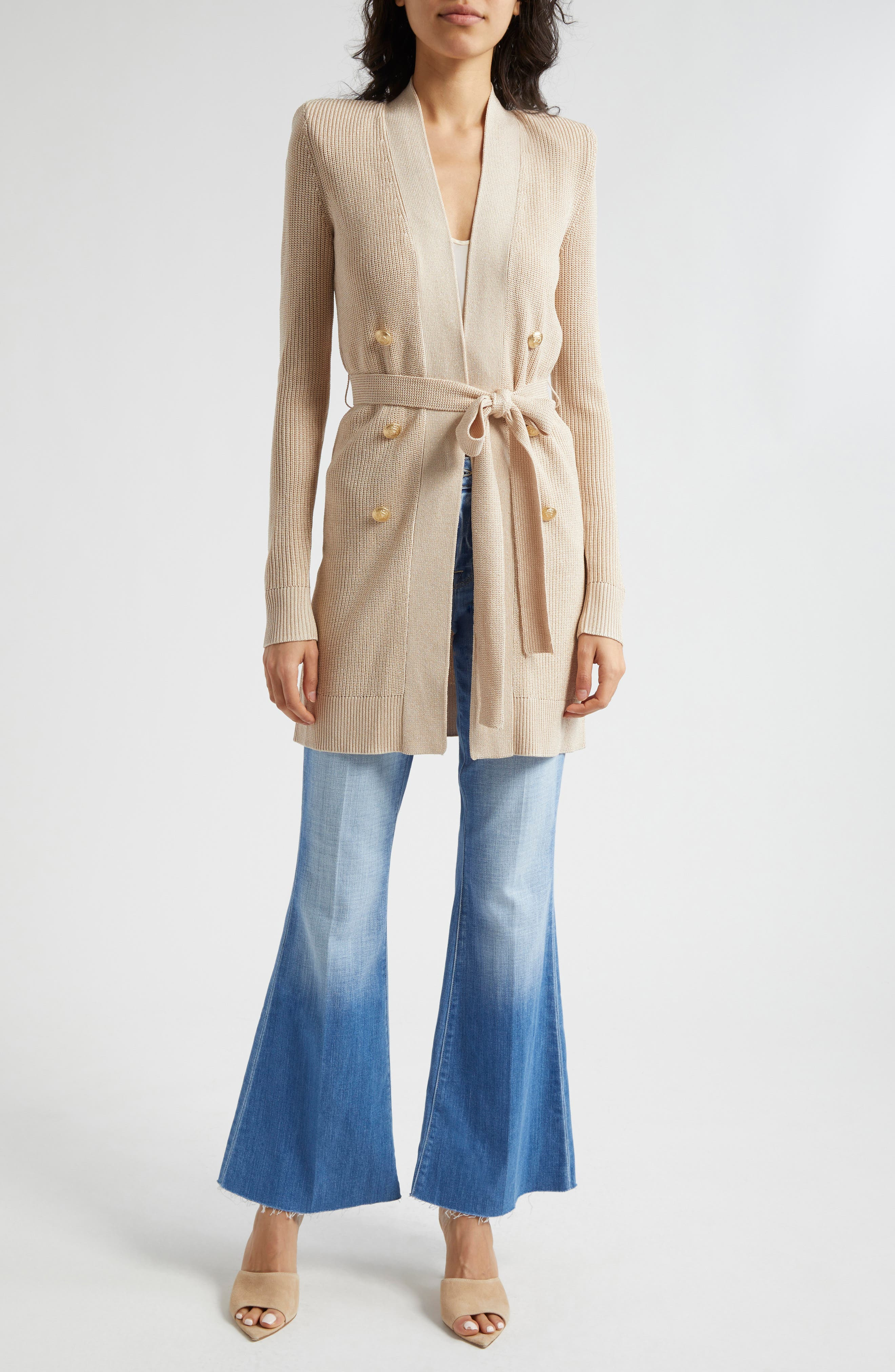 L'AGENCE Noe Metallic Double Breasted Rib Cardigan in Pecan at Nordstrom - 2