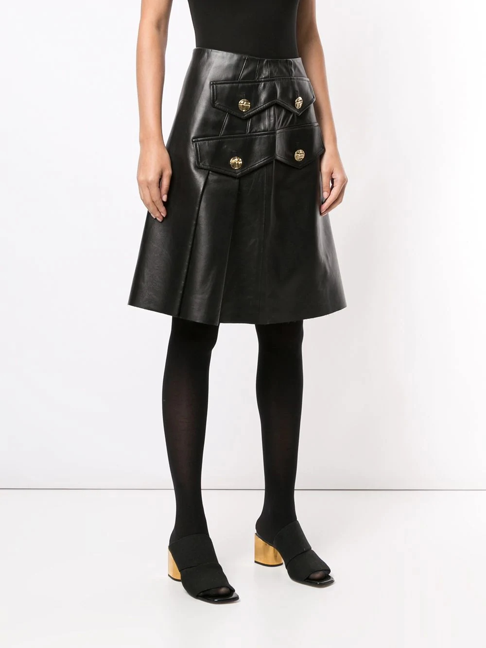 button-embellished pleated leather skirt - 3