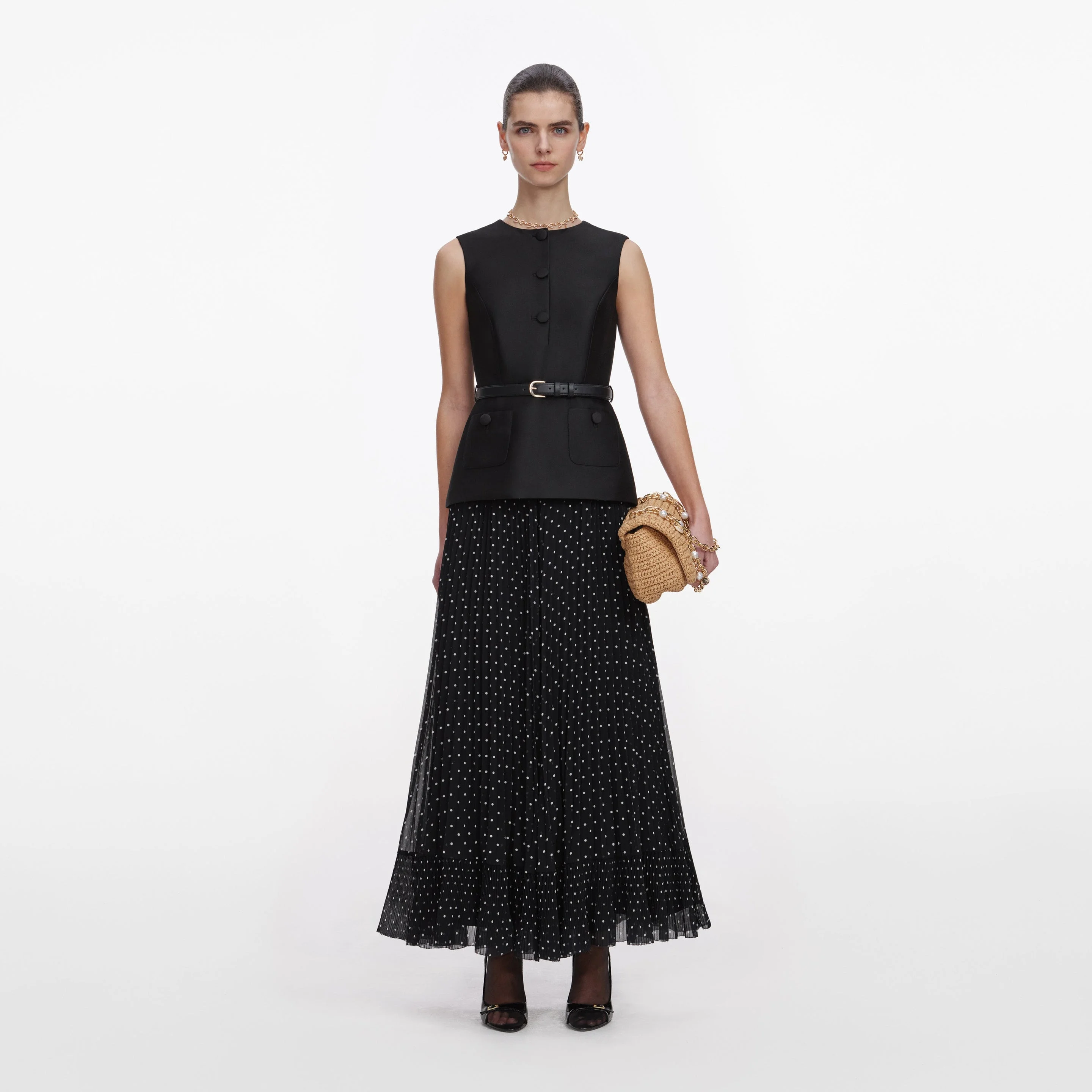 Black Taffeta Polka Dot Midi Dress - 1