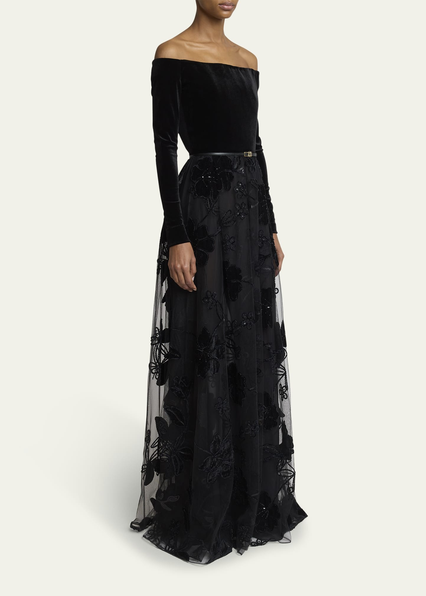 Off-The-Shoulder Velvet Sequined Tulle Gown - 4