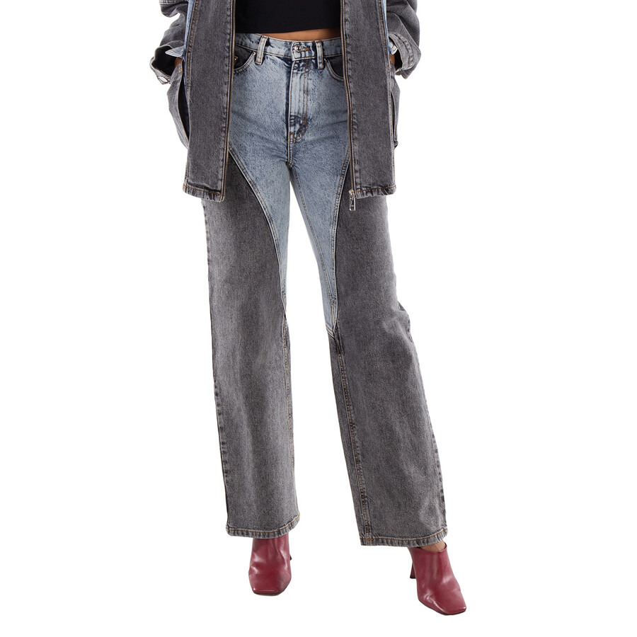 Rotate Ladies Medium Blue Denim Straight Patchwork Jeans - 2