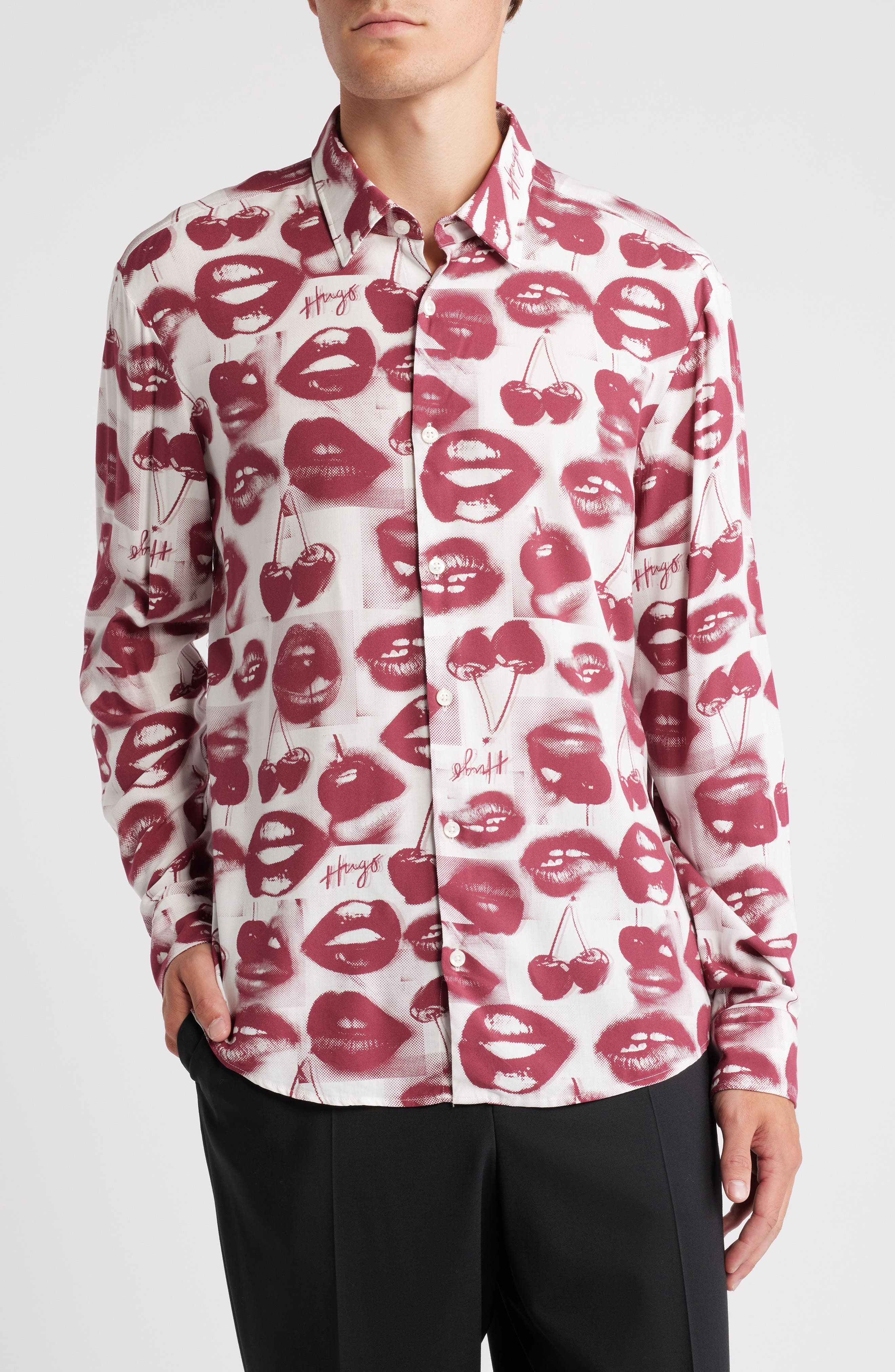 HUGO Ermo Lips & Cherries Print Button-Up Shirt at Nordstrom - 1