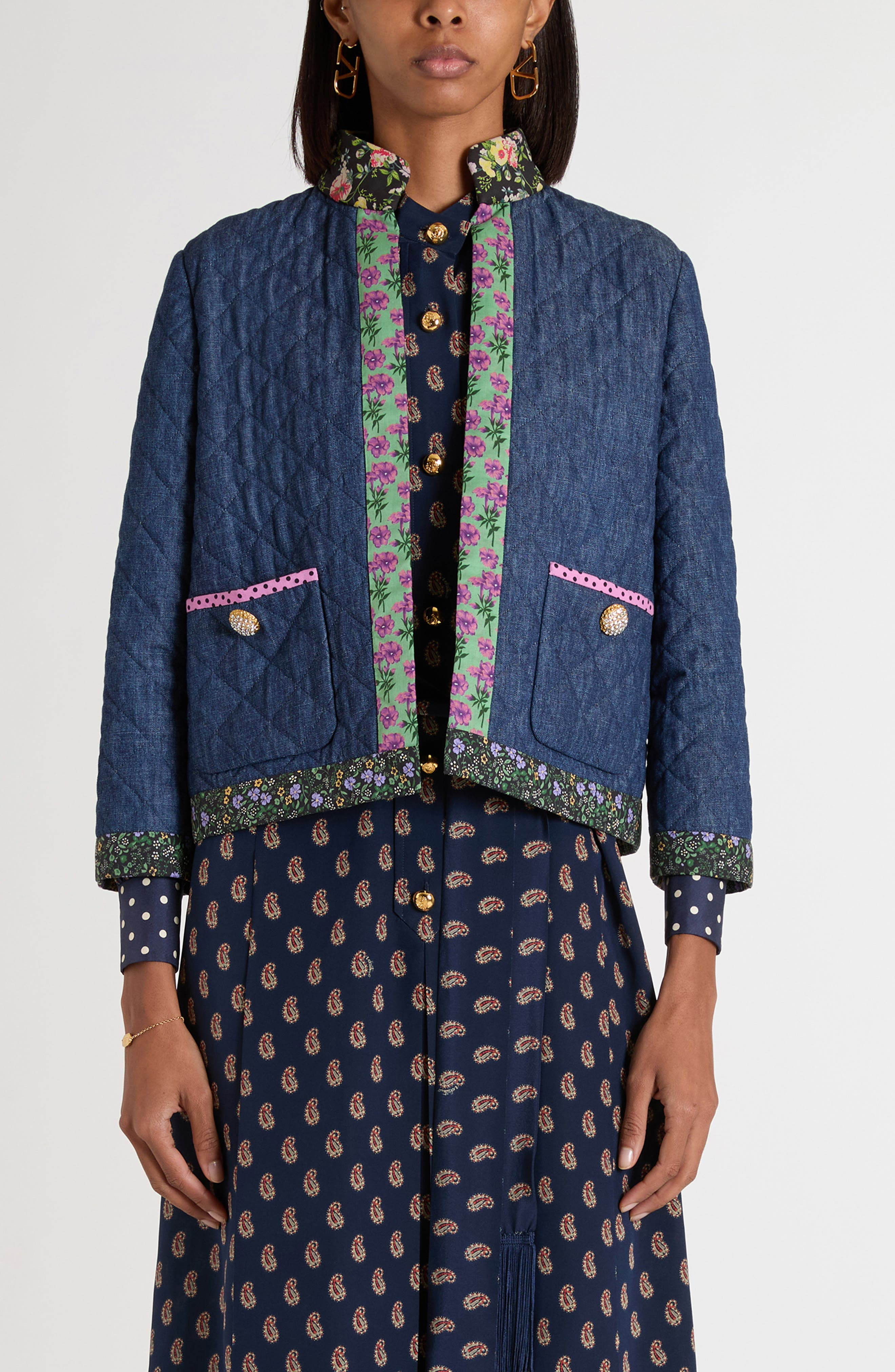 Valentino Garavani Floral Print & Quilted Denim Jacket in Navy at Nordstrom - 1