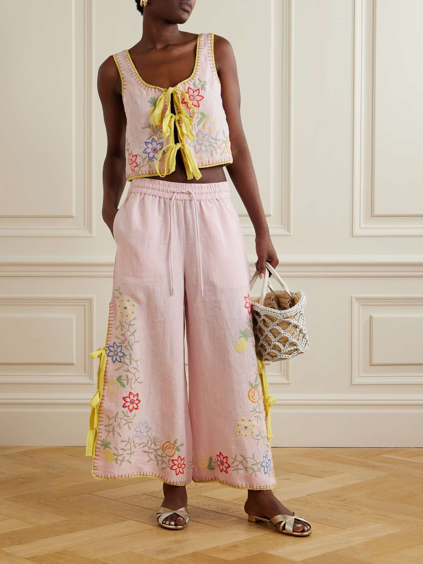 Olivia tie-detailed embroidered linen wide-leg pants Pink - 2