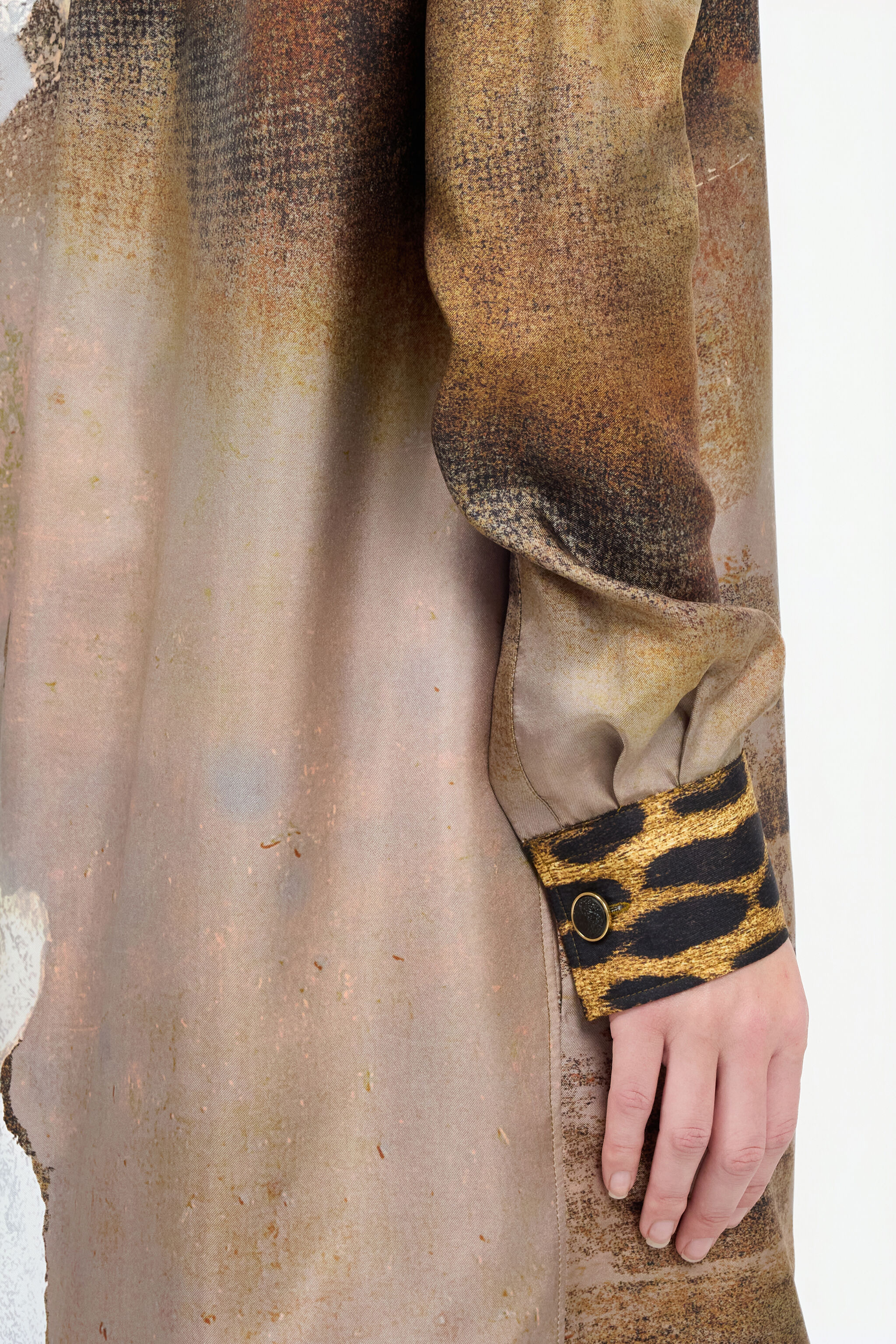 Beige Silk Shirt Dress with Marble Print - 7