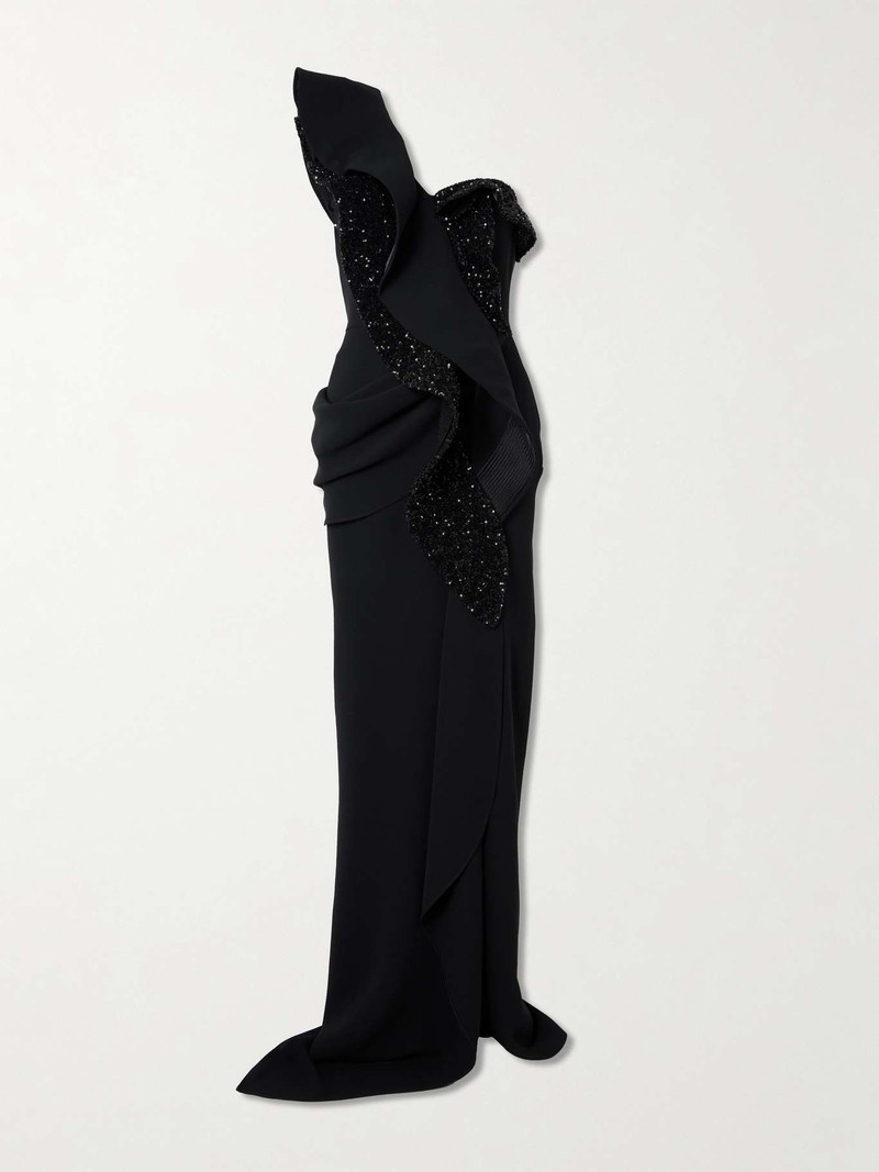 Pantheon Wave ruffled mesh-trimmed sequin-embellished crepe gown Black 1