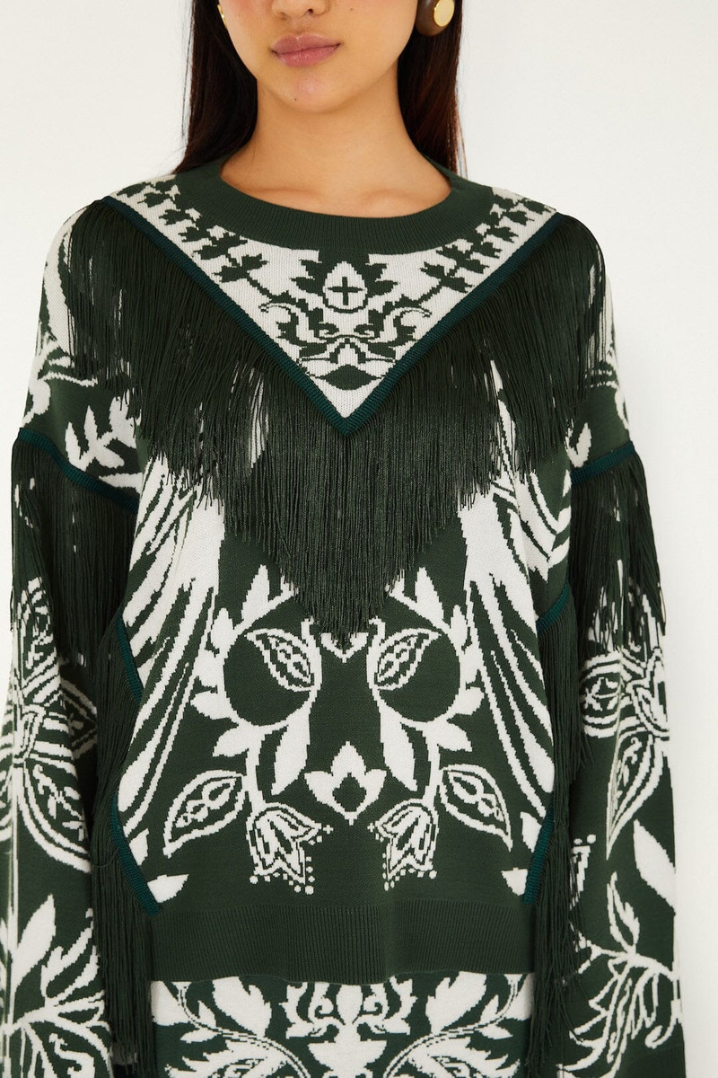 FARM RIO Dark Green Miranda Fringes Knit Sweater outlook