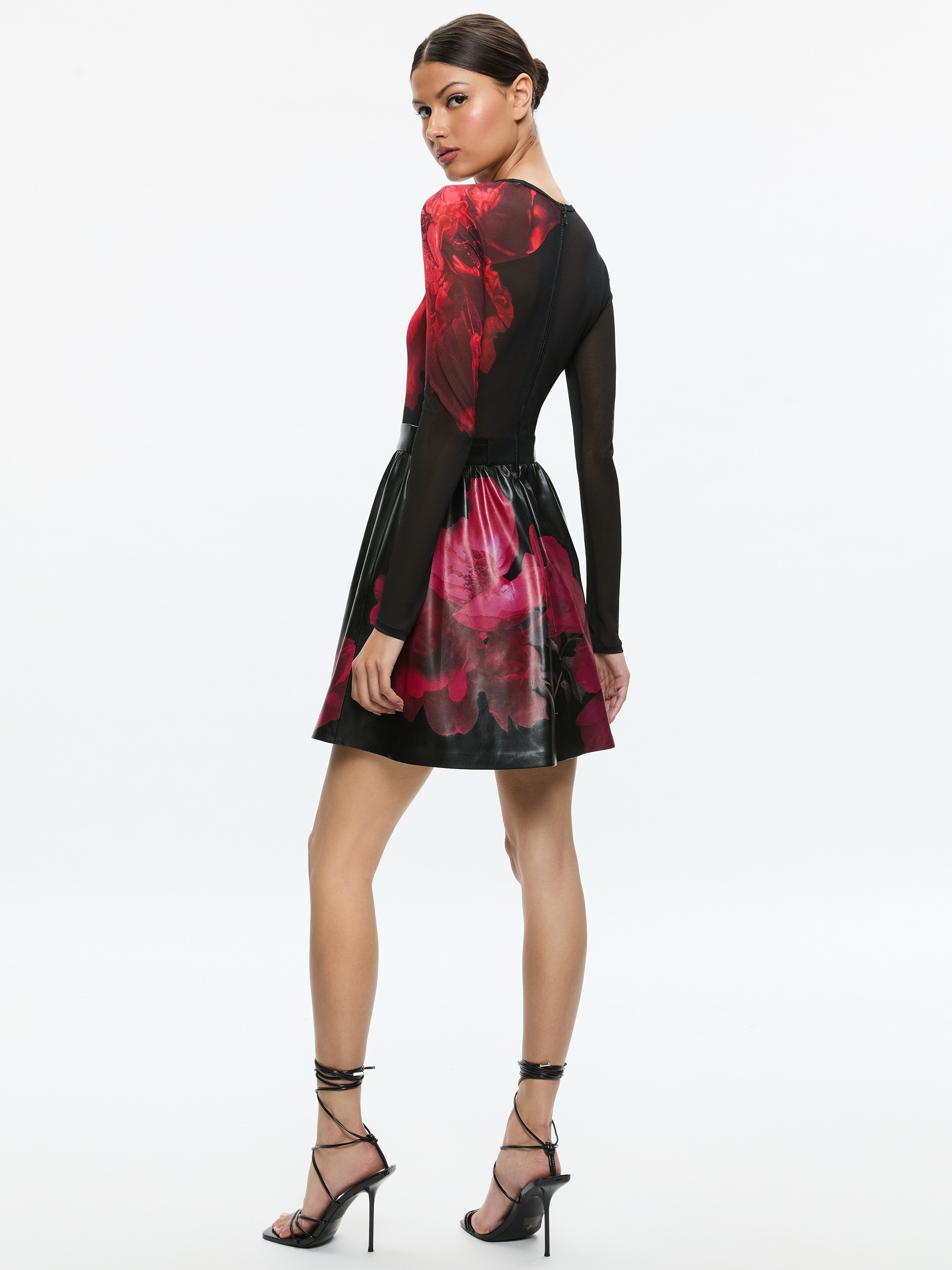 CHARA VEGAN LEATHER CREW NECK LONG SLEEVE GATHERED DRESS - 4