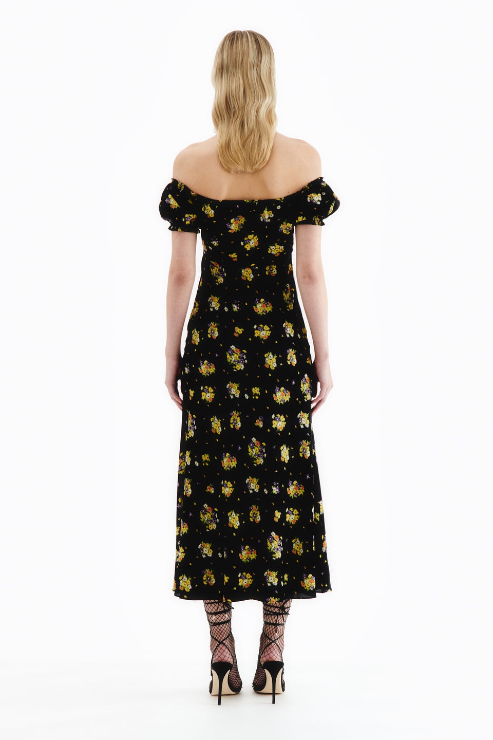 DAISY PRINT SILK OFF THE SHOULDER DRESS - 4