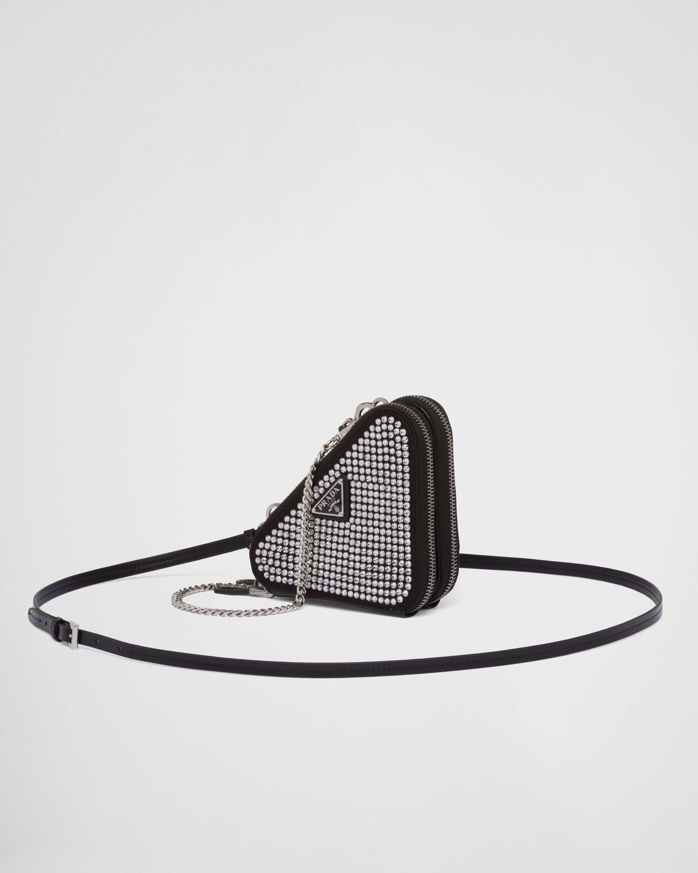 Triangular embellished satin and leather mini-pouch - 1