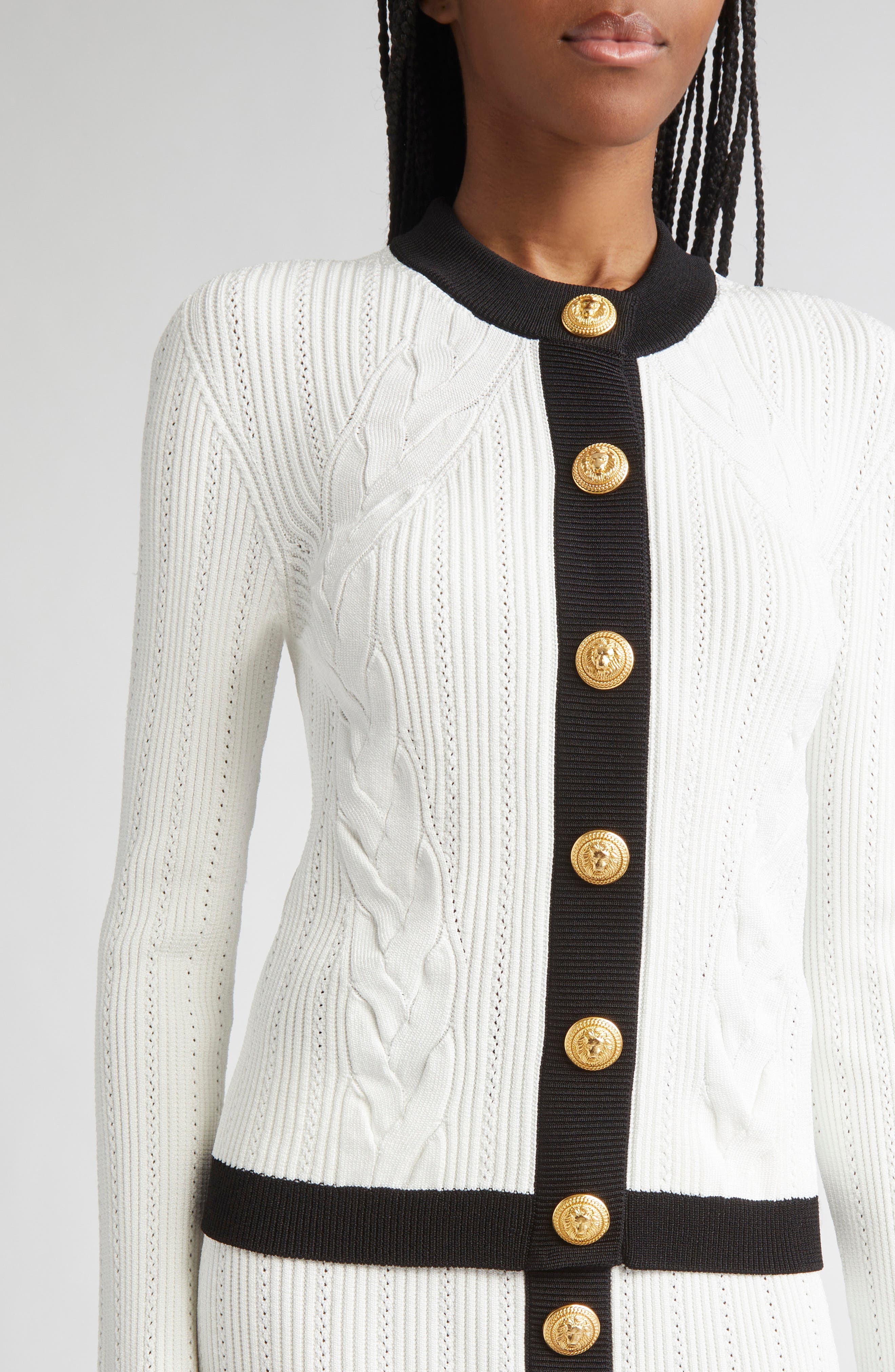 Balmain Twisted Cable Knit Cardigan in Gab White/Black at Nordstrom - 5