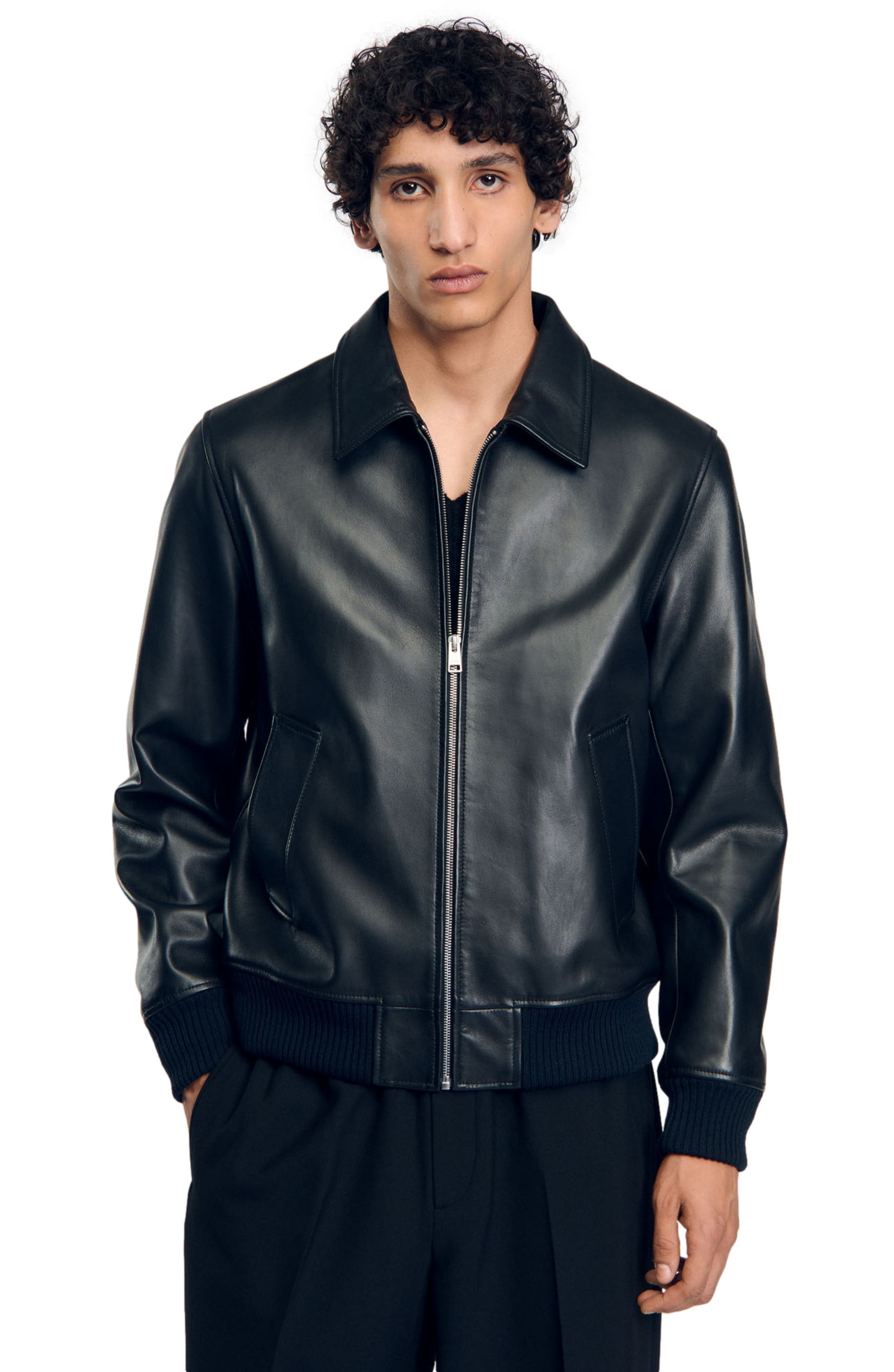 SANDRO Plain leather jacket in Black at Nordstrom - 3