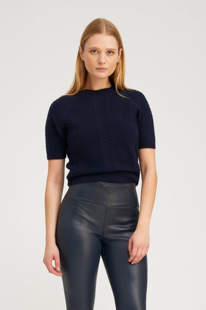 NAVY CASHMERE CABLE KNIT RAGLAN SWEATER 1