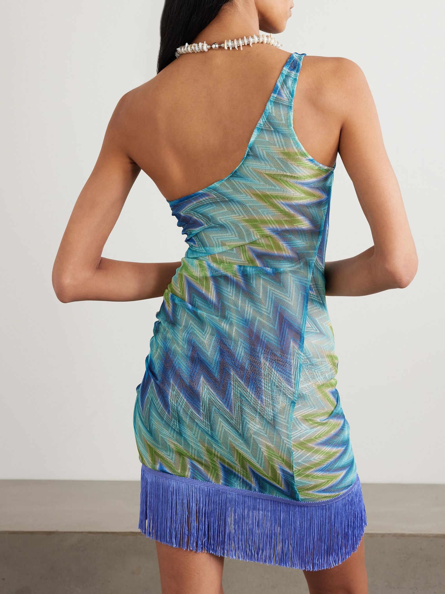 One-shoulder fringed printed tulle mini dress Turquoise - 3
