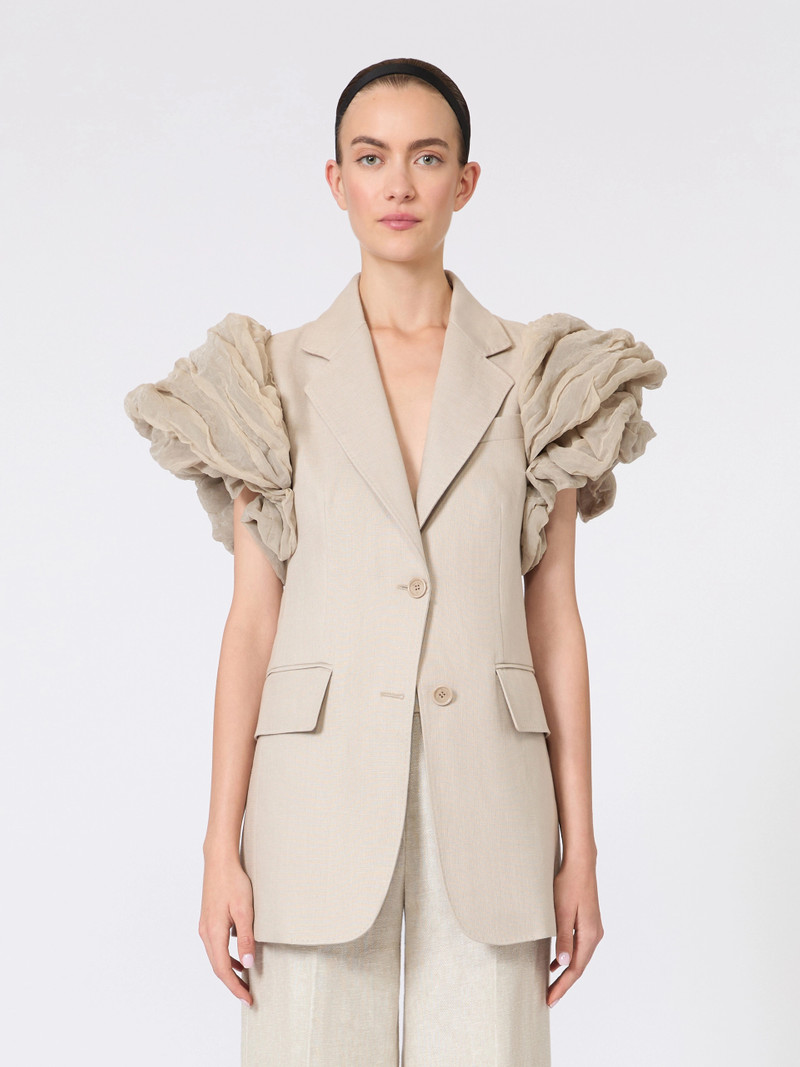 ABITURO Oversized sleeveless linen jacket with ruffles - SAND 3