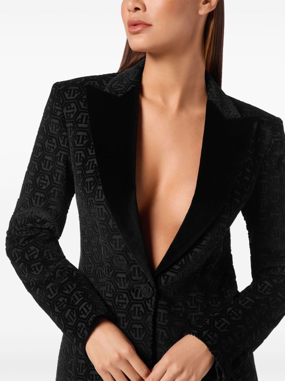 monogram velvet single breasted blazer - 5