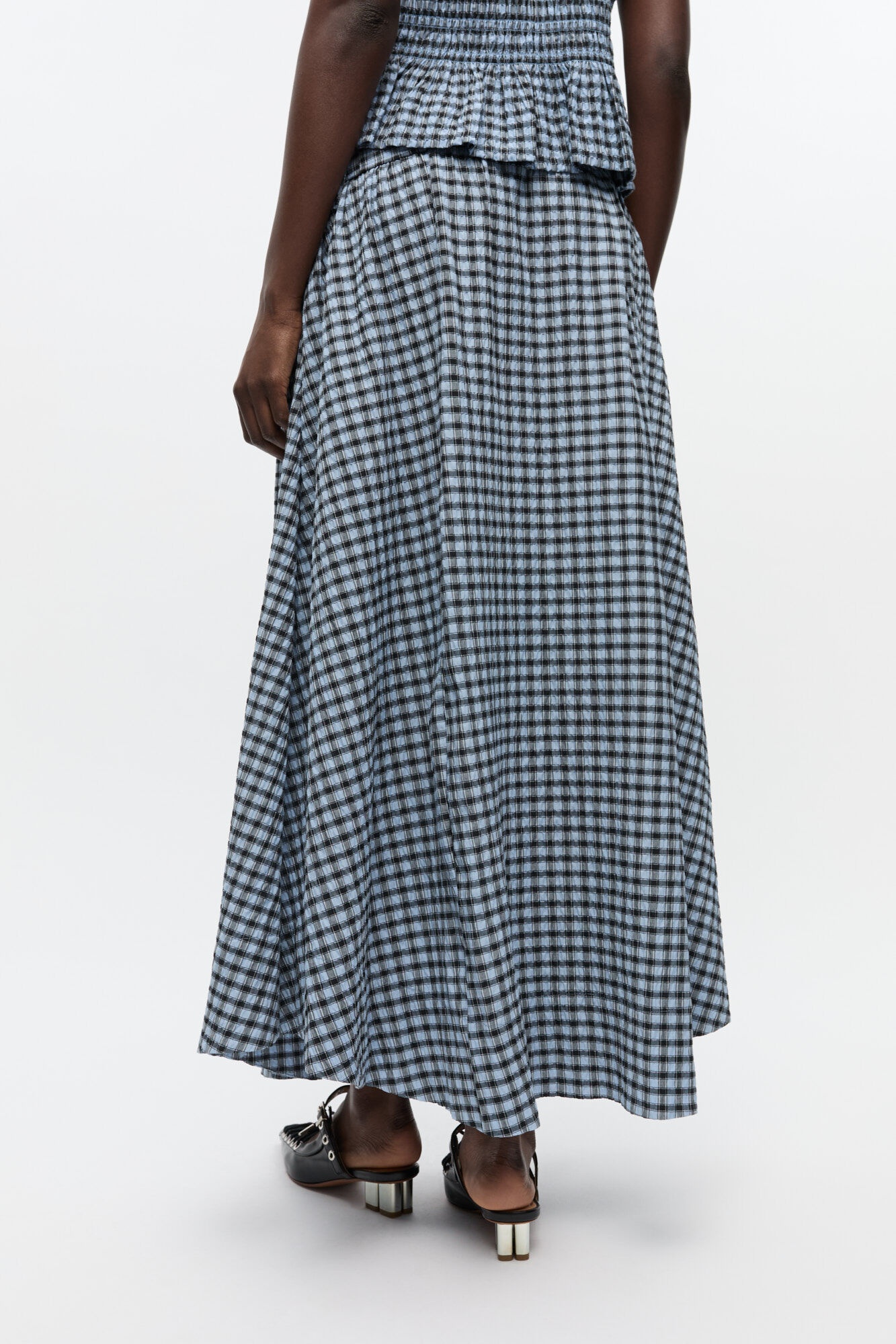 BLUE SEERSUCKER CHECK LONG SKIRT - 4