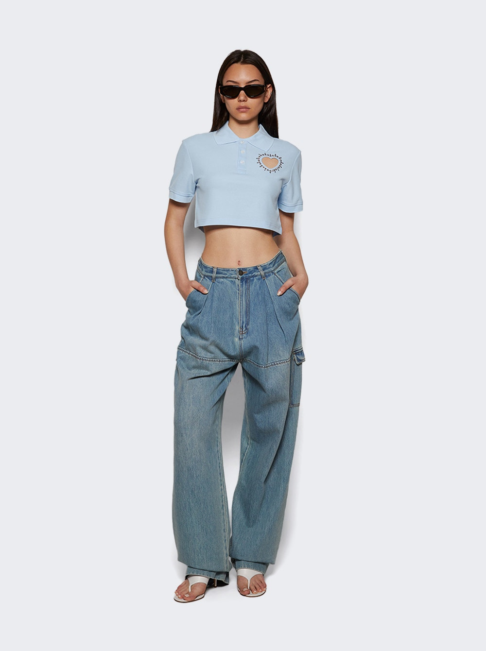 Crystal Heart Cut Out Cropped Polo Baby Blue - 5