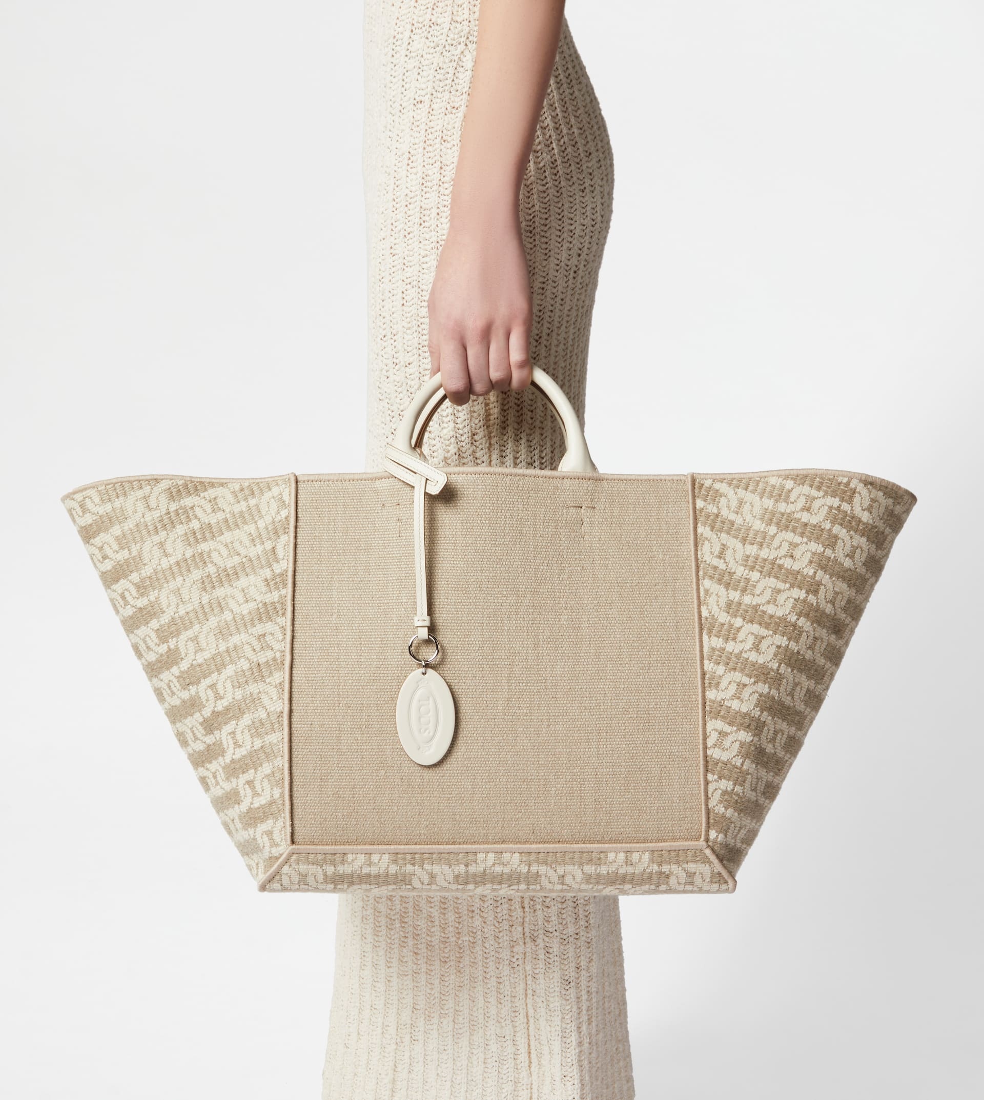 TOD'S DOUBLE UP SHOPPING BAG IN FABRIC AND LEATHER LARGE - BEIGE - 2