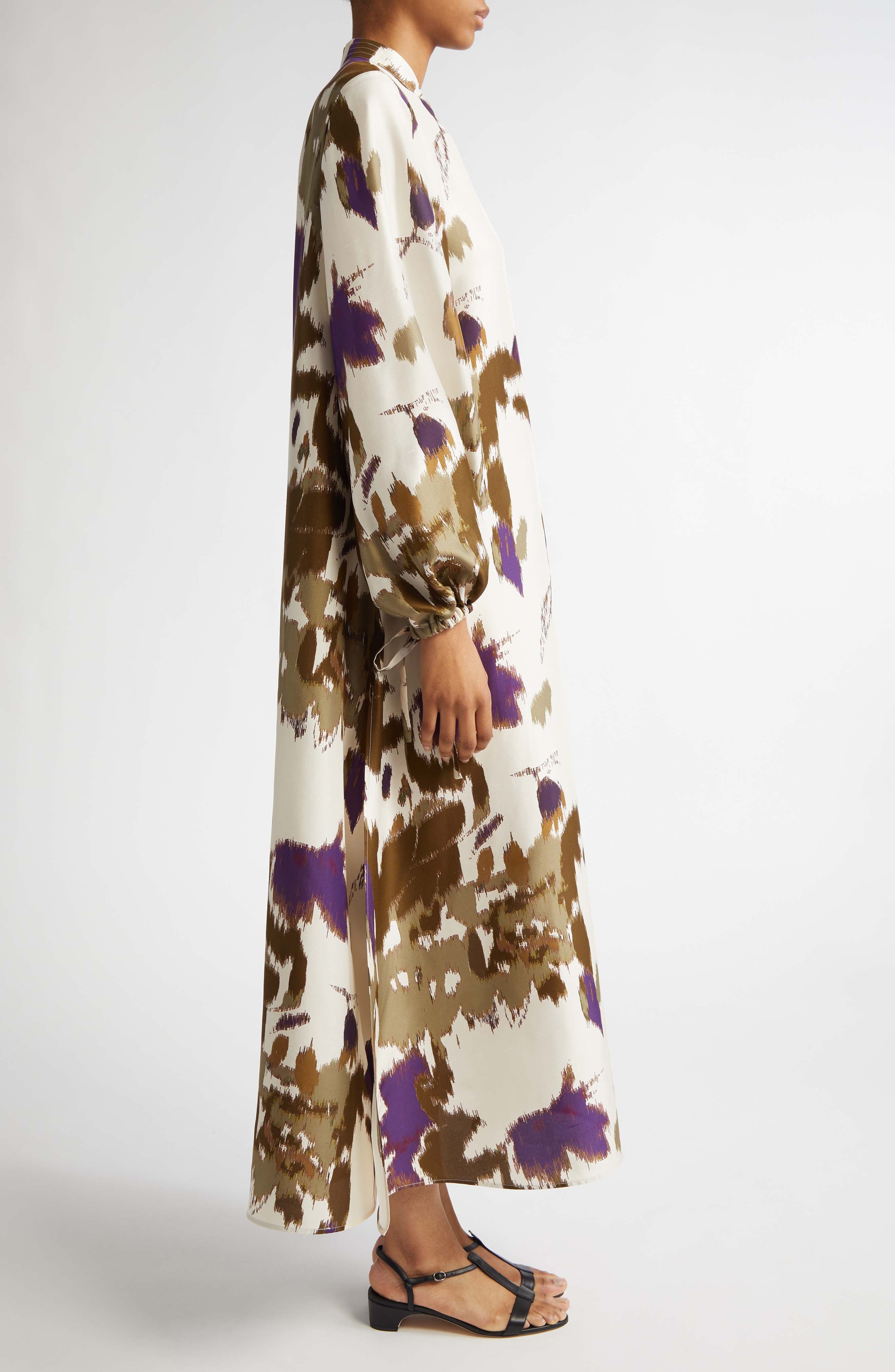 Max Mara Maesa Floral Long Sleeve Shantung Silk Maxi Dress in Ivory at Nordstrom - 3