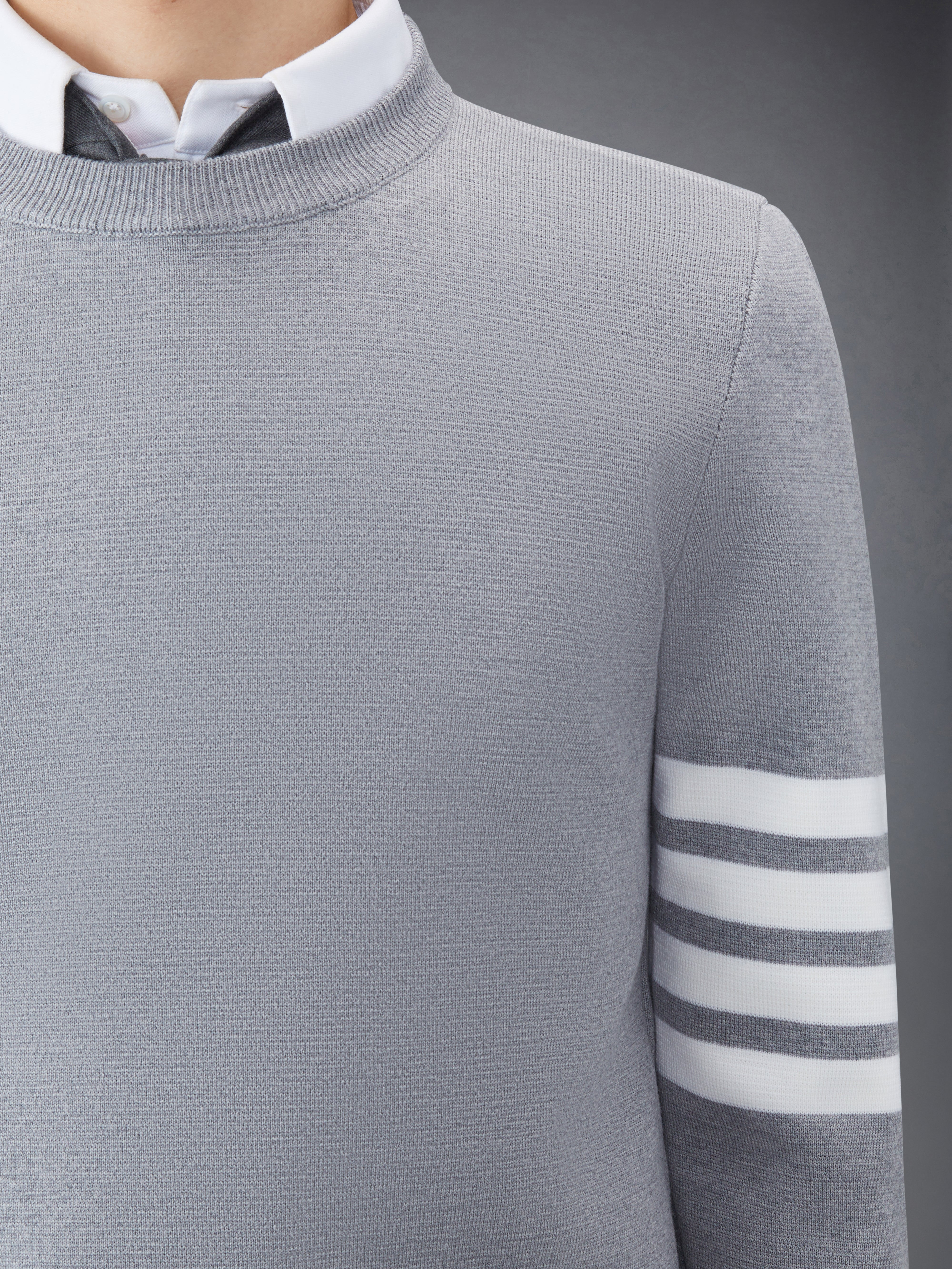 Light Grey Finemerino Wool 4-bar Crew Neck Pullover - 6