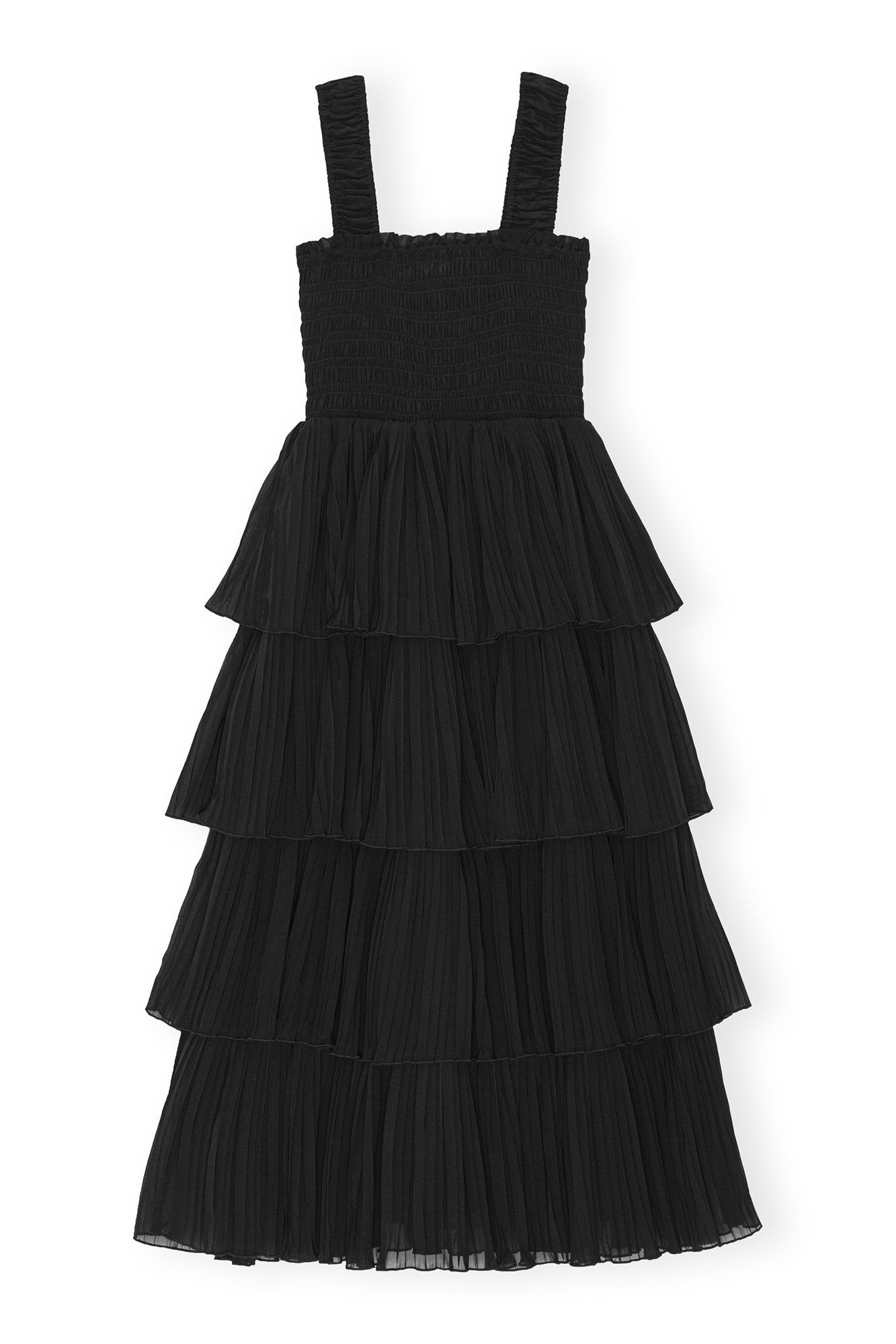 BLACK PLEATED GEORGETTE FLOUNCE SMOCK MIDI DRESS - 6