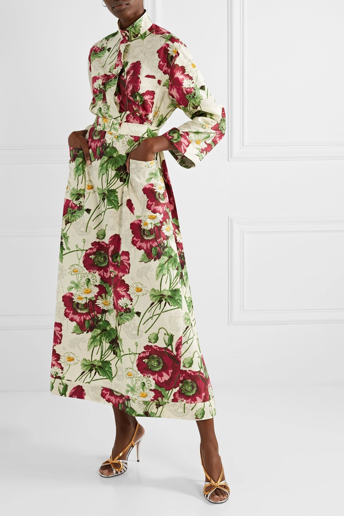 Belted floral-print cotton-poplin midi dress - 3