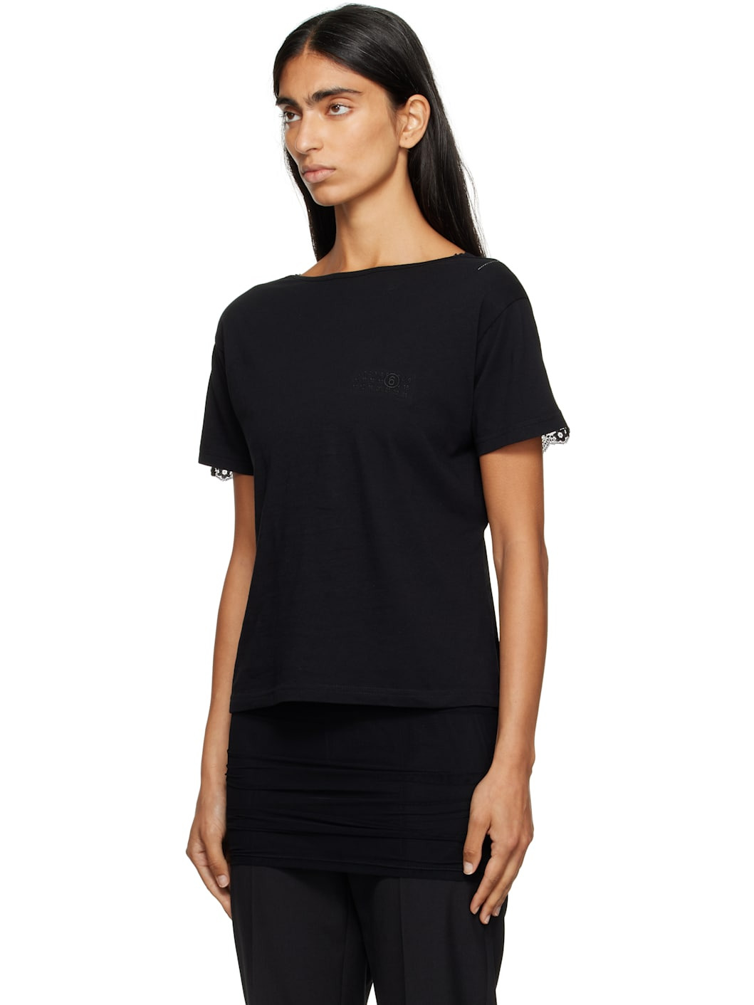 Black Cotton Jersey & Lace T-shirt - 4