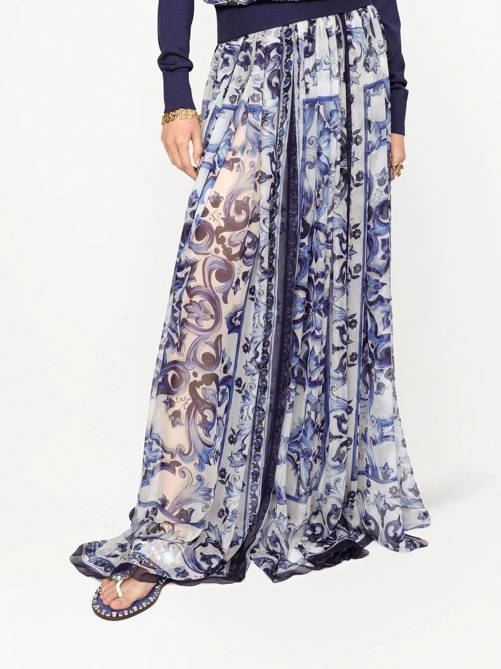 Majolica-print silk floor-length skirt - 5