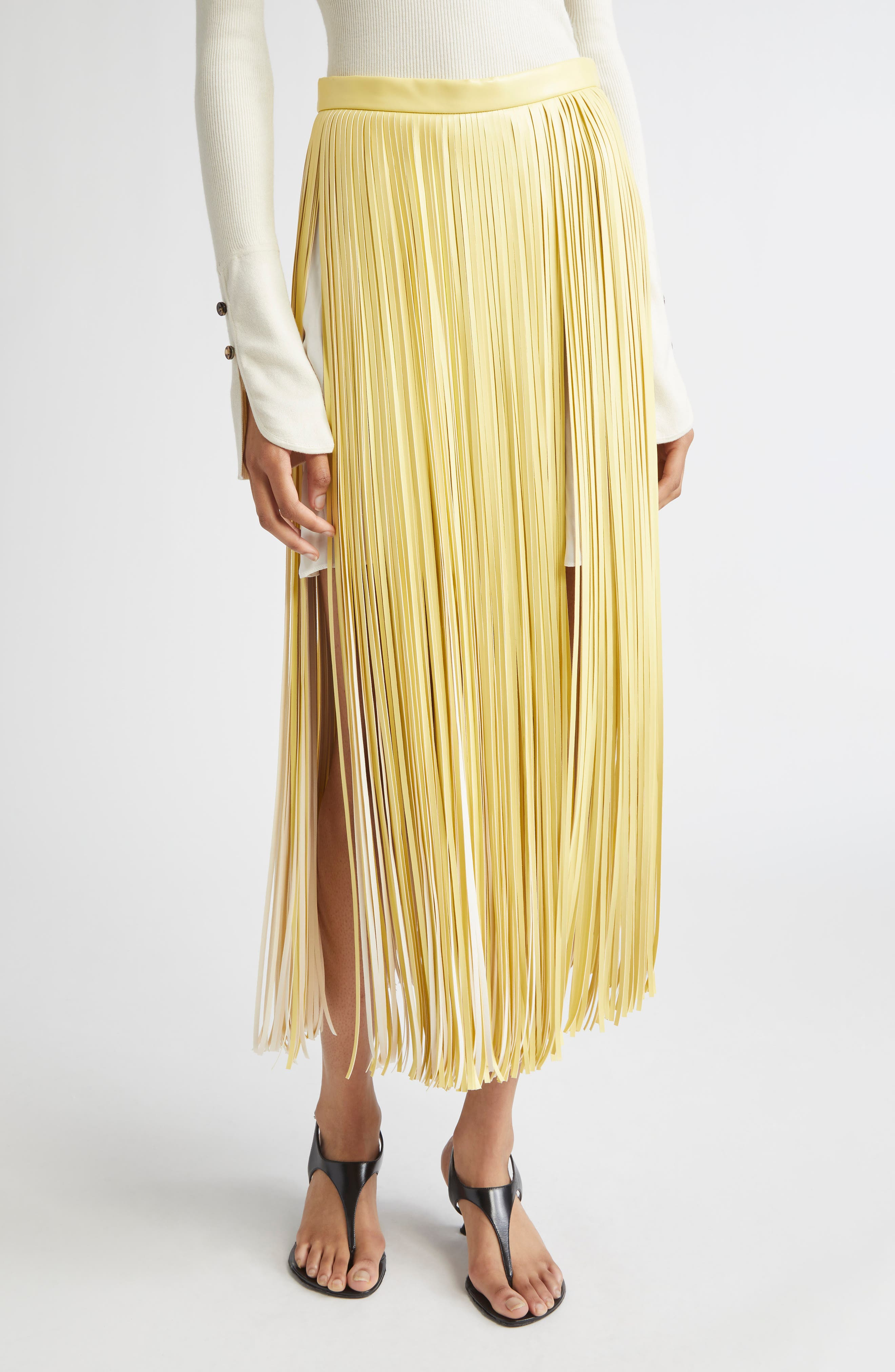 Proenza Schouler Veda Two-Tone Faux Leather Fringe Midi Wrap Skirt in Pale Yellow Multi at Nordstrom - 1
