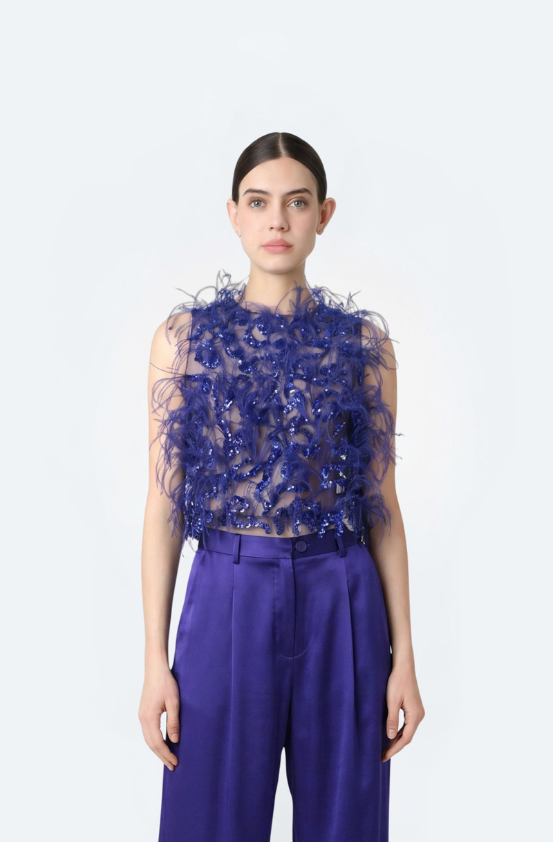 LAPOINTE Sequin & Feather Embroidery Cropped Tank outlook