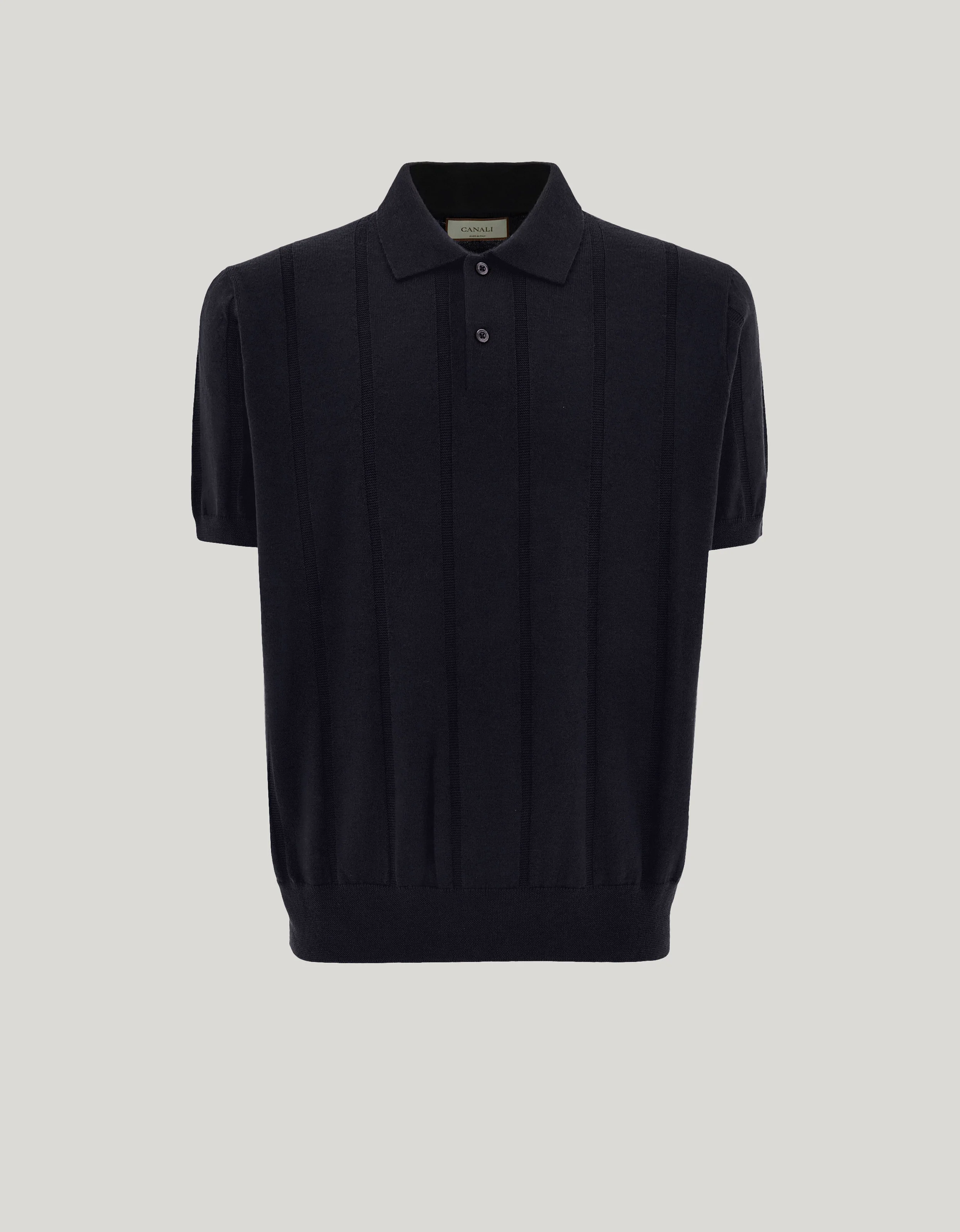 NAVY BLUE MERINO WOOL STRUCTURED-RIB POLO SHIRT - 1