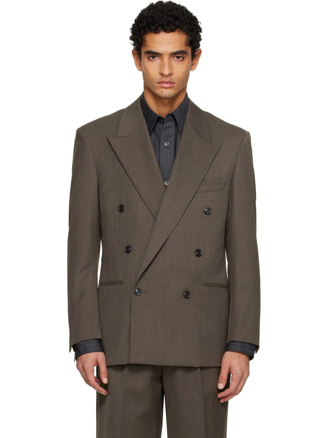 Taupe Melange Wool Double-Breasted Tailored Blazer - 1