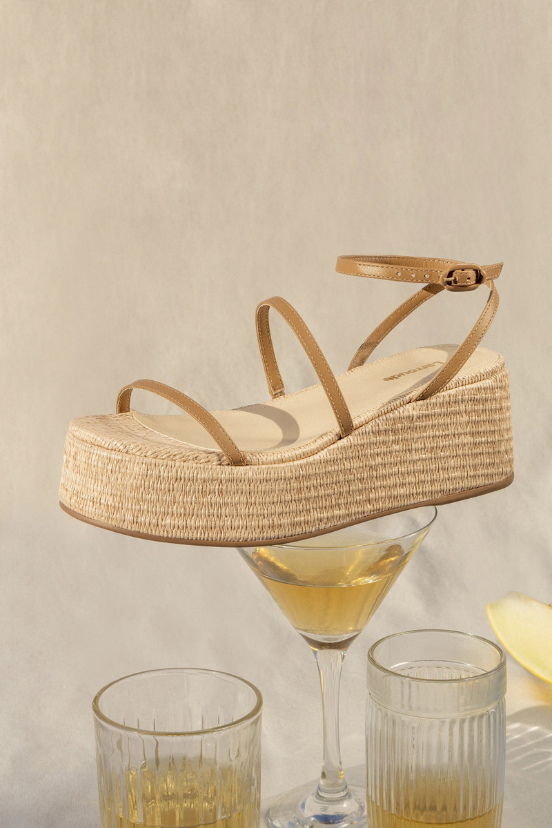 Larroudé Gio Flatform Sandal In Natural Raffia and Hazelnut Trimming outlook